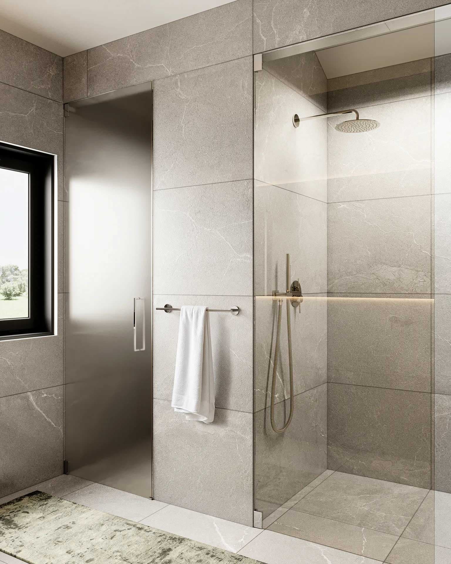 Contemporary bathroom at Ansoku Vancouver featuring a walk-in glass shower, large-format tile, modern fixtures, and elegant detailing by Lightwell Homes in Vancouver.