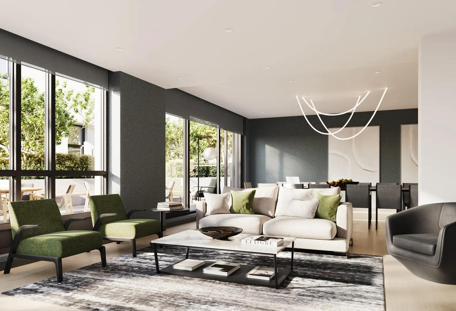 Bright living room interior at Arden presale in Vancouverโs Cambie neighbourhood featuring floor-to-ceiling windows, contemporary furnishings, neutral tones with green accents, and modern lighting by Aria Pacific Development at 4281 Cambie Street.