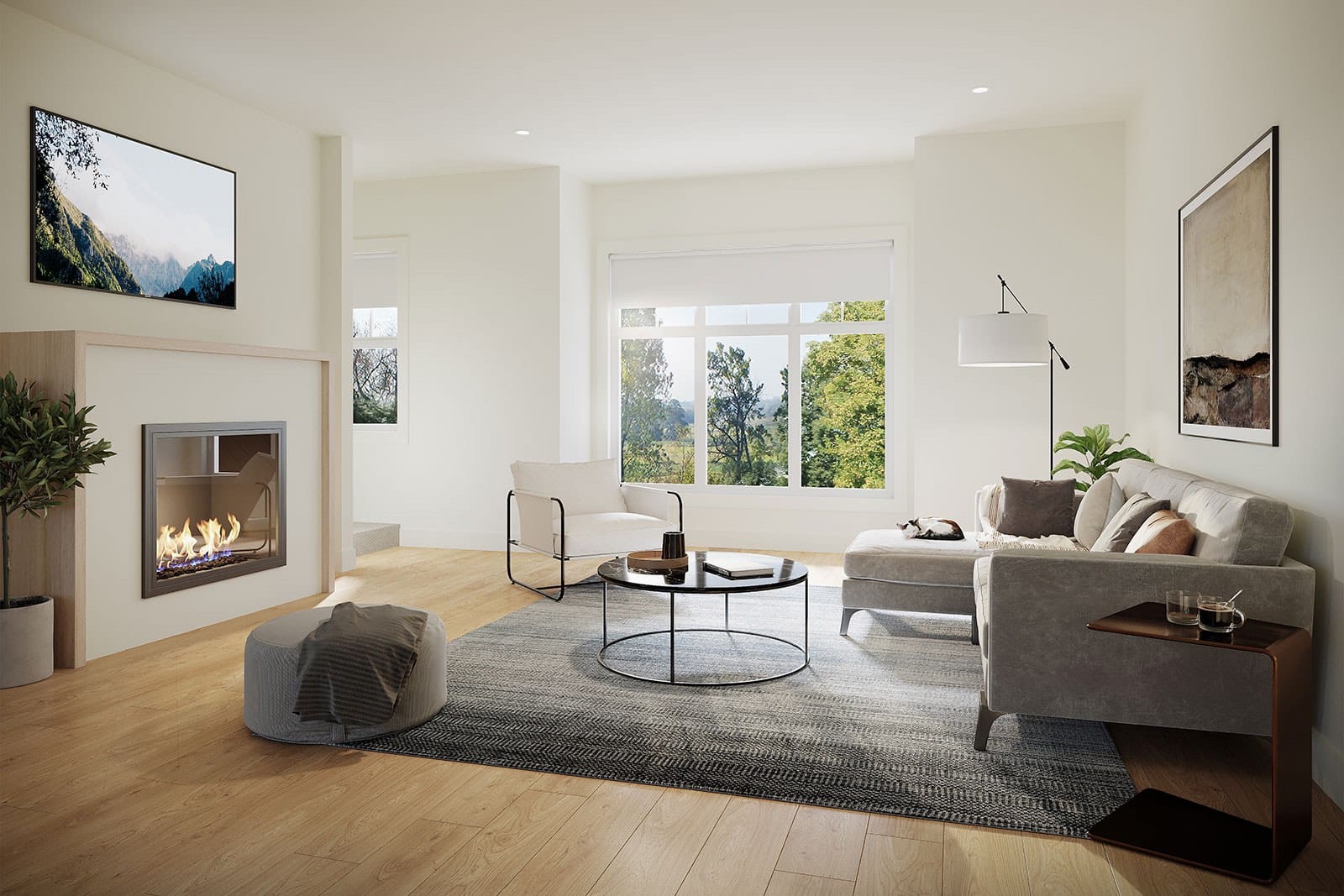 Bright living room with fireplace and large windows at The Loop South Surrey