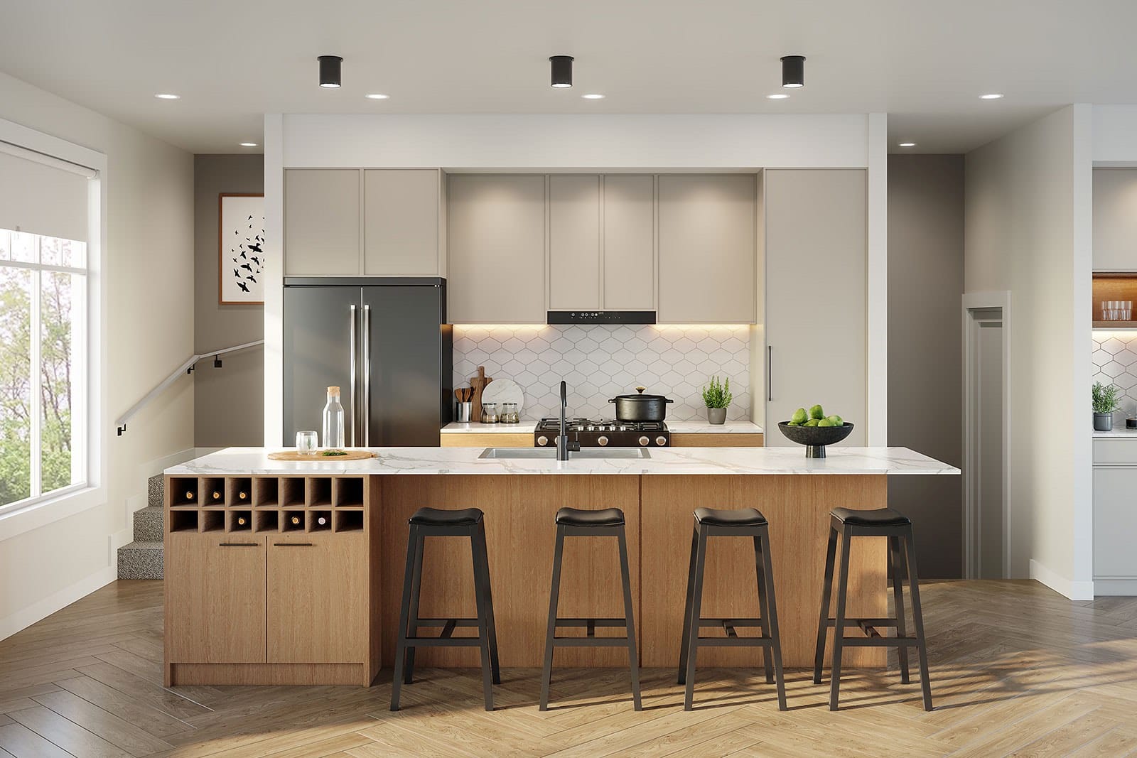 Modern kitchen with island and built-in wine storage at The Loop South Surrey