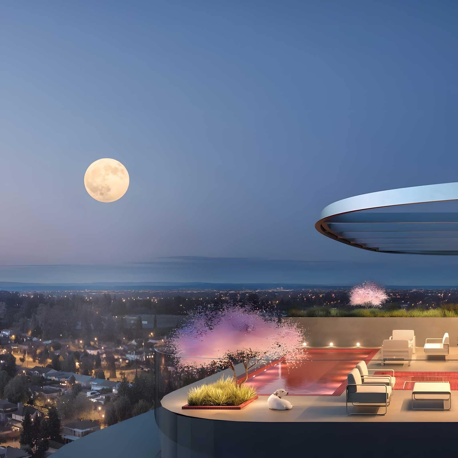 Luxury rooftop pool and lounge area overlooking Burnaby at night with city lights, moonlit skies, and modern architectural design, showcasing Burnaby presale condos and Burnaby new construction homes for sale.
