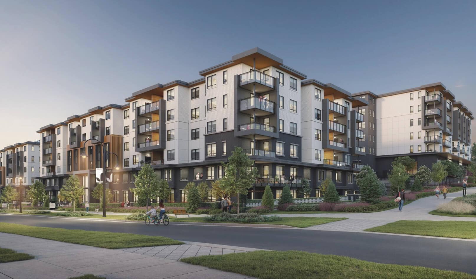 Exterior rendering of Jericho Park Langley by Essence Properties featuring six-storey residential buildings with landscaped walkways, balconies, and contemporary architecture at 19925 78B Avenue.