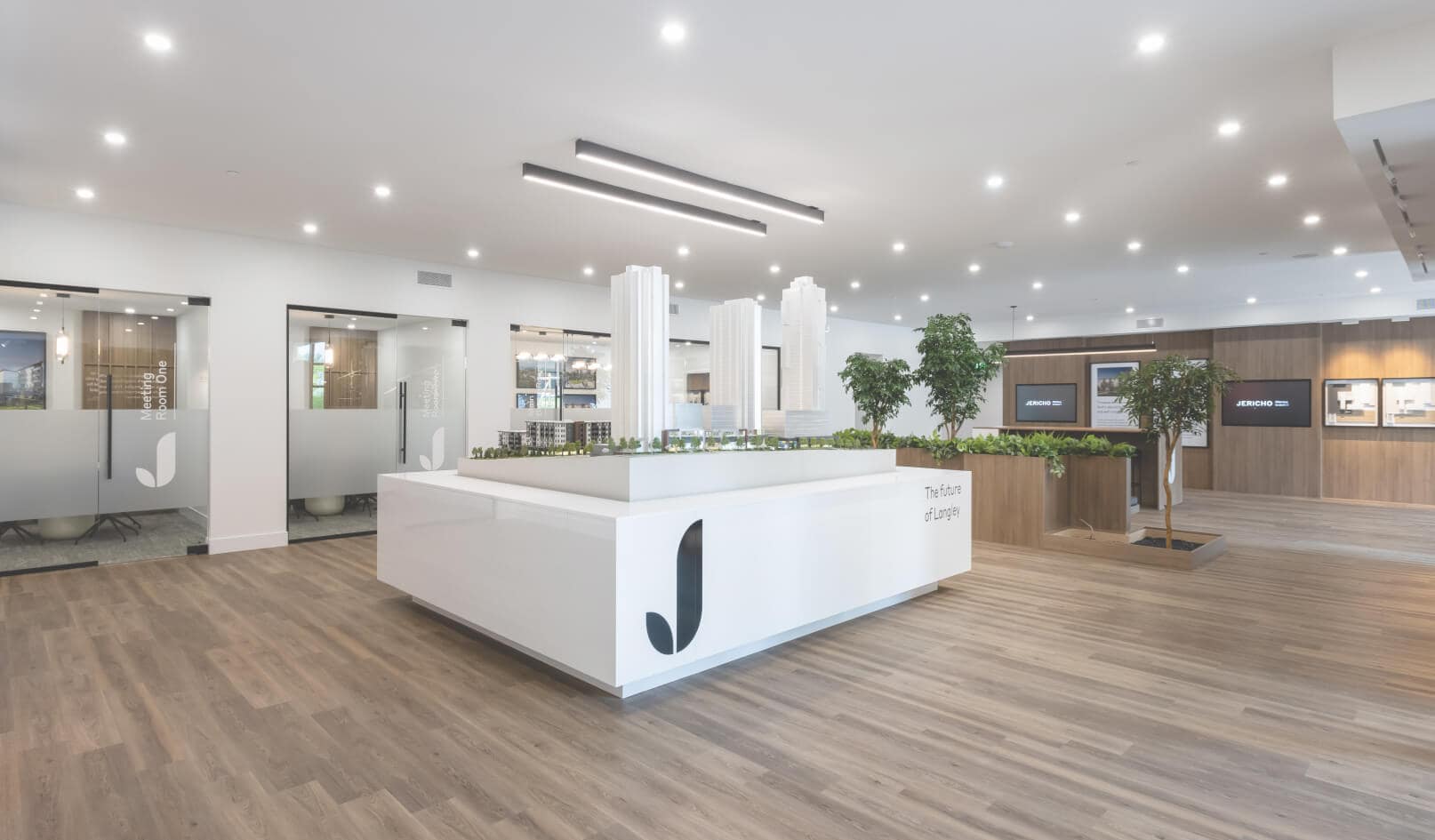 Interior of the Jericho Park Langley presentation centre by Essence Properties featuring community models, meeting rooms, and modern finishes at 19925 78B Avenue in Langley.
