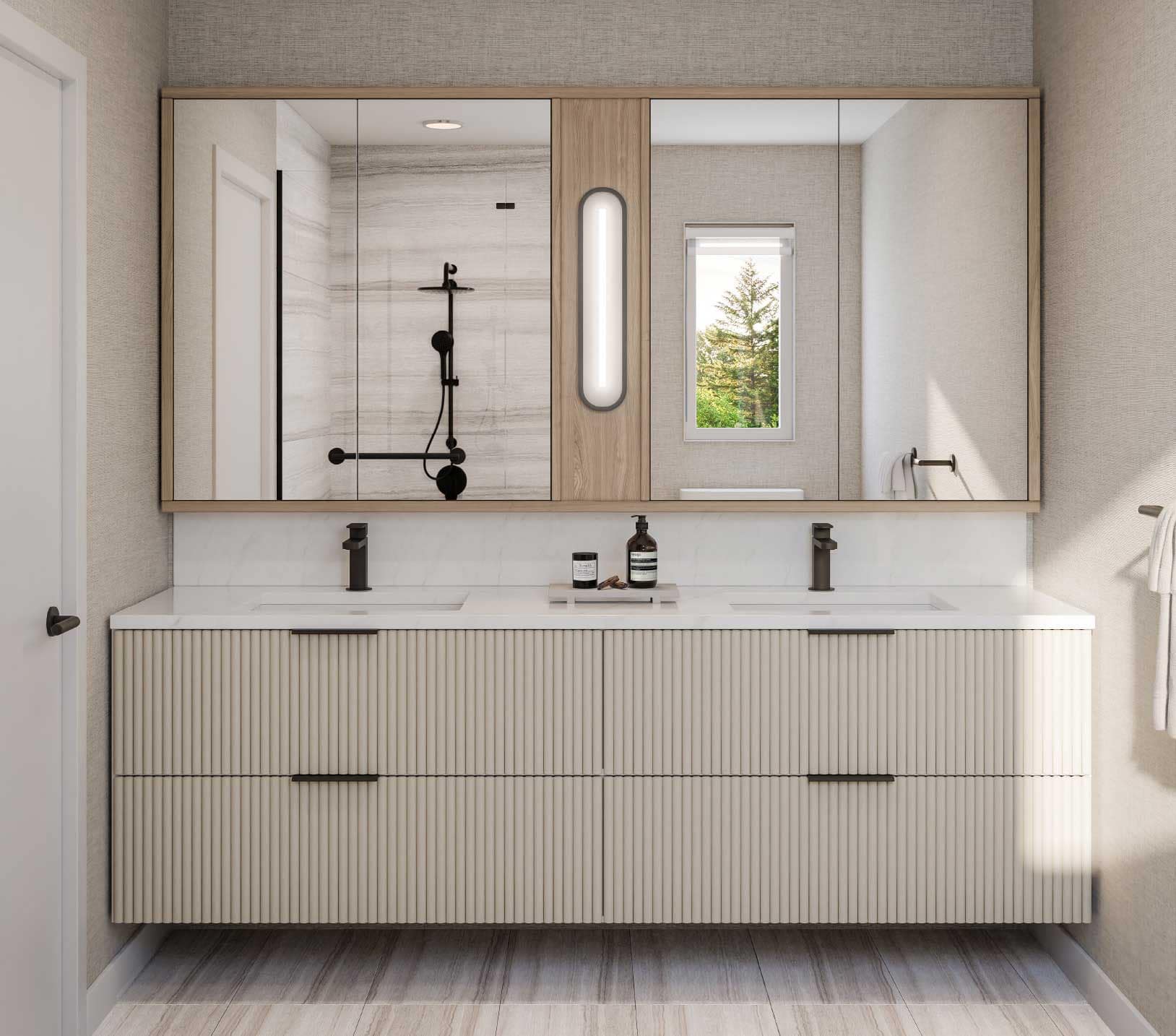 Contemporary bathroom at Harriswood Coquitlam by Domus Homes featuring double vanity, wood-framed mirrors, integrated lighting, stone countertop, and neutral finishes in a Coquitlam West residence at 611 Harrison Avenue