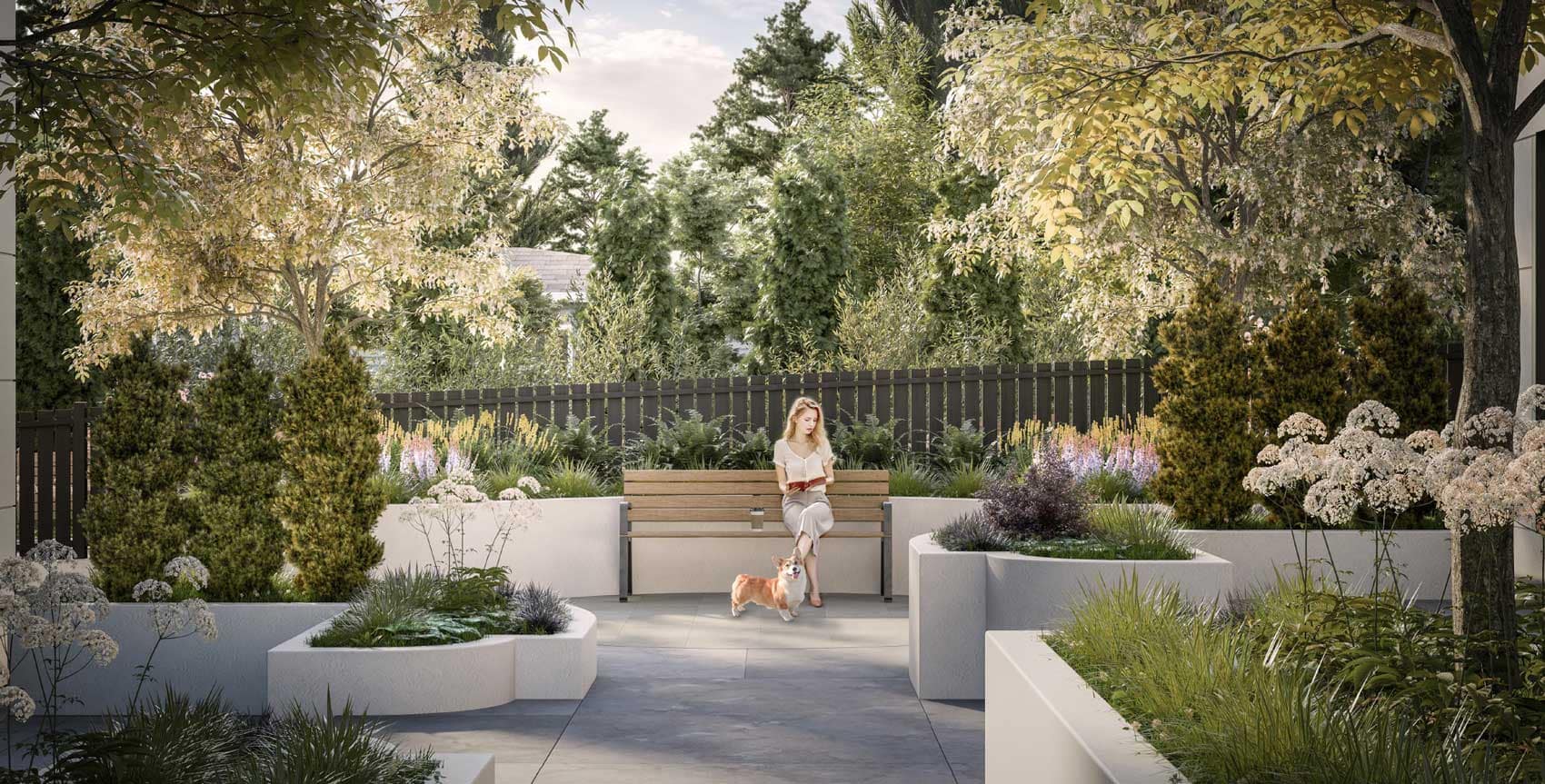 Rooftop patio at Harriswood Coquitlam by Domus Homes featuring outdoor seating, fire pit, BBQ area, and forest views, located at 611 Harrison Avenue in Coquitlam West