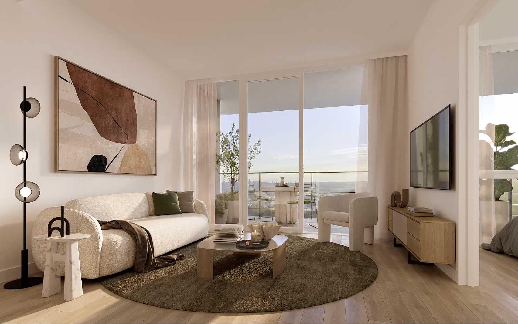 Ironwood Coquitlam living room with balcony and modern interior design by Qualex Landmark.