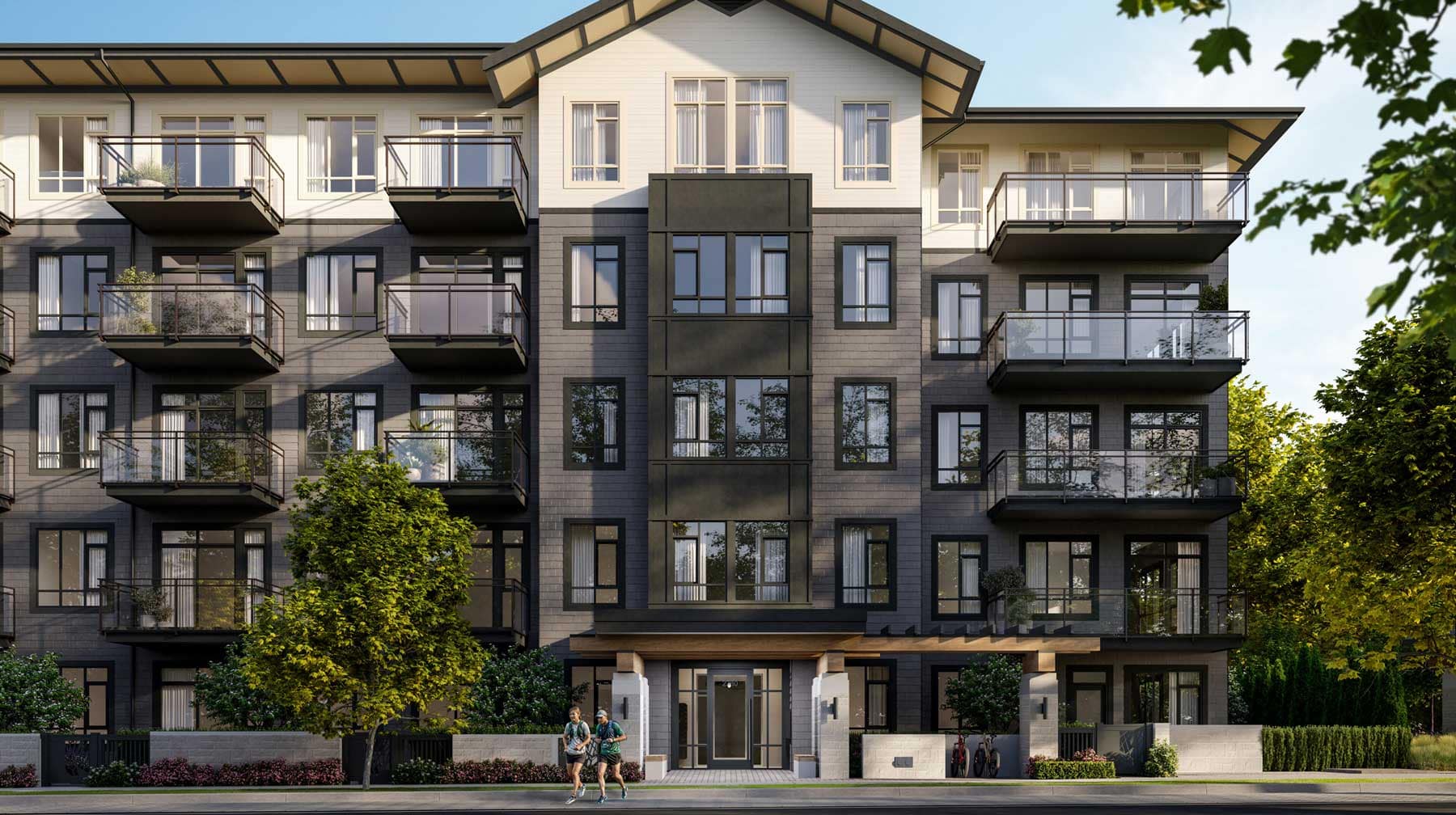 Exterior rendering of Trailside at Lynn, a presale condo development by Mosaic at 2380 Emery Court in North Vancouver, featuring modern West Coast architecture, balconies, and landscaped surroundings.