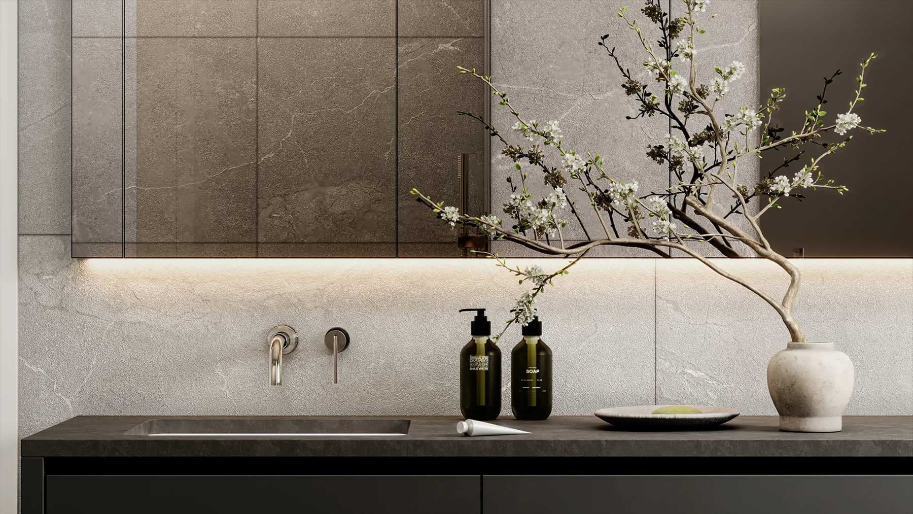 Close-up rendering of a designer bathroom vanity at Ansoku Vancouver featuring stone surfaces, contemporary fixtures, custom cabinetry, and refined finishes by Lightwell Homes.