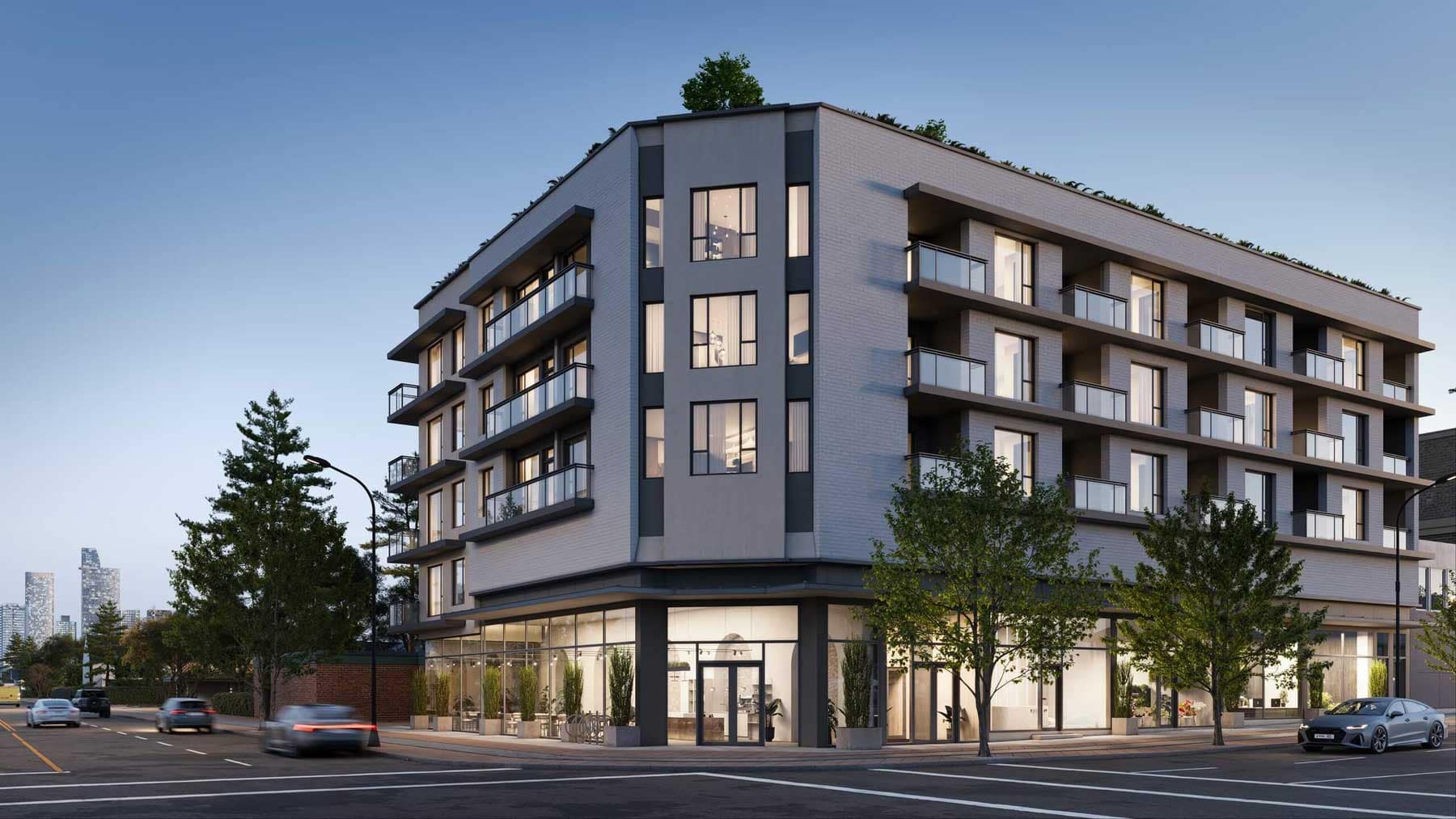 Exterior architectural rendering of Centrale Burnaby by FirstTrack Development showing a modern mid-rise residential building with ground-level retail at 4488 Hastings Street in Capitol Hill.