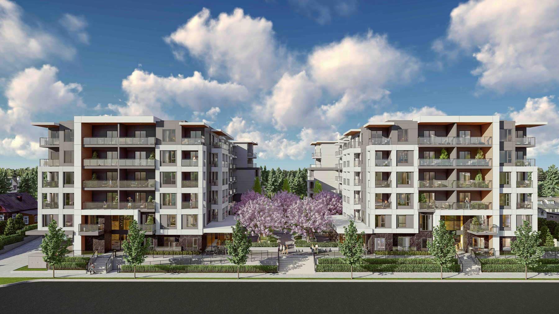 Exterior architectural rendering of Kamilia Langley by Kingdom Property Investment Ltd. at 20675 Eastleigh Crescent, featuring modern mid-rise condo buildings, spacious balconies, landscaped entryways, and a central courtyard with blooming cherry blossom trees in Downtown Langley.