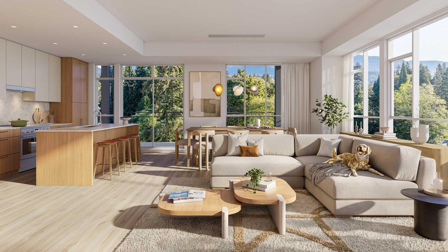 Open-concept living and dining space at Trailside at Lynn by Mosaic in North Vancouver featuring oversized windows, natural light, contemporary finishes, and mountain views from 2380 Emery Court.