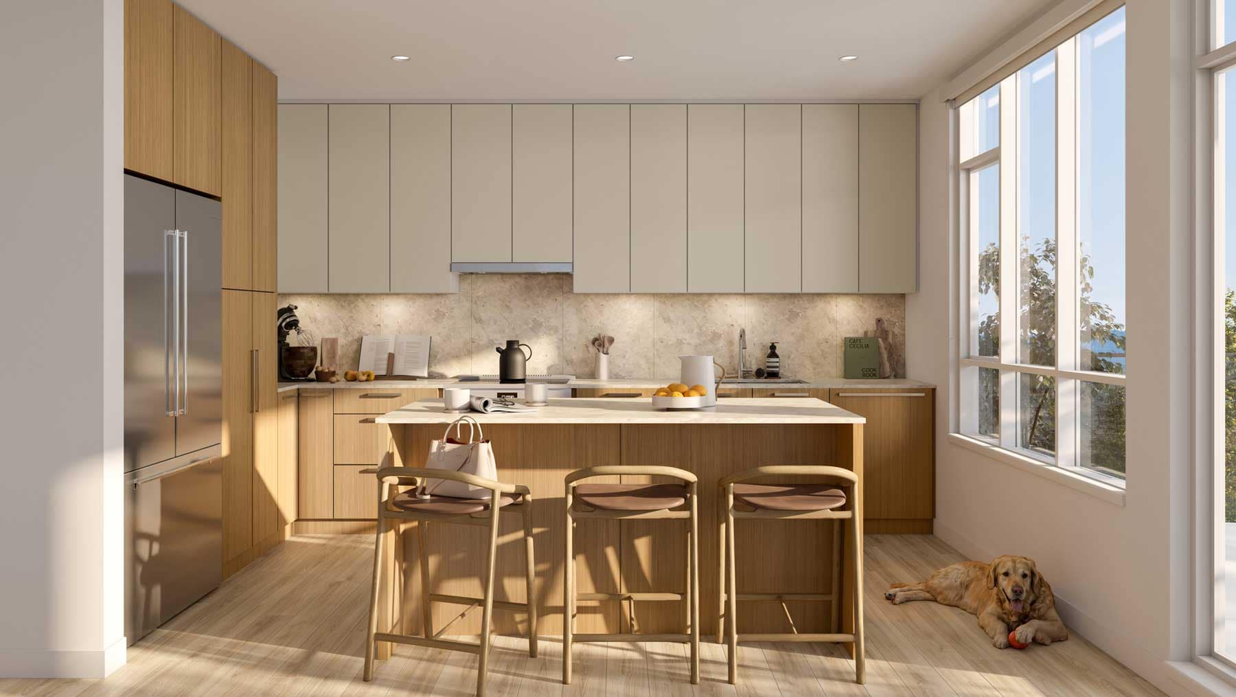 Bright modern kitchen at Trailside at Lynn in North Vancouver featuring wood cabinetry, large island, oversized windows, premium appliances, and open-concept living space by Mosaic at 2380 Emery Court.