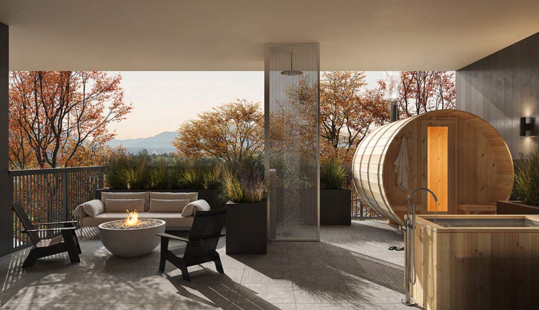 Outdoor amenity space at Hem Vancouver by Hudson featuring sauna, hot tub, fire pit seating, and landscaped terrace at 385 Lakewood Drive Vancouver East