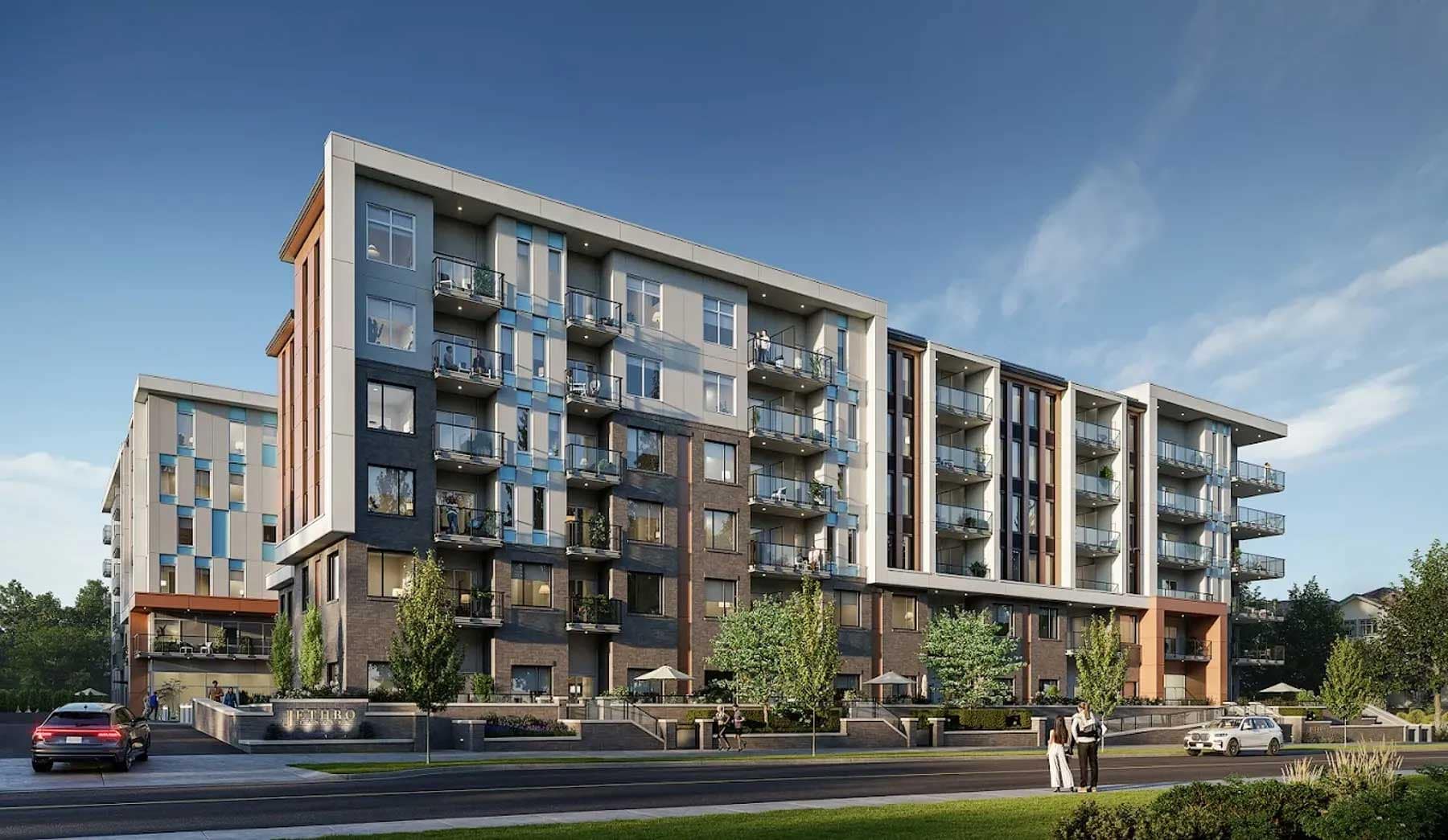 Full exterior rendering of Jethro Langley presale condos at 5362 204 Street in Langley City, developed by Whitetail Homes, showing six-storey residential buildings with balconies, landscaped frontage, and street view