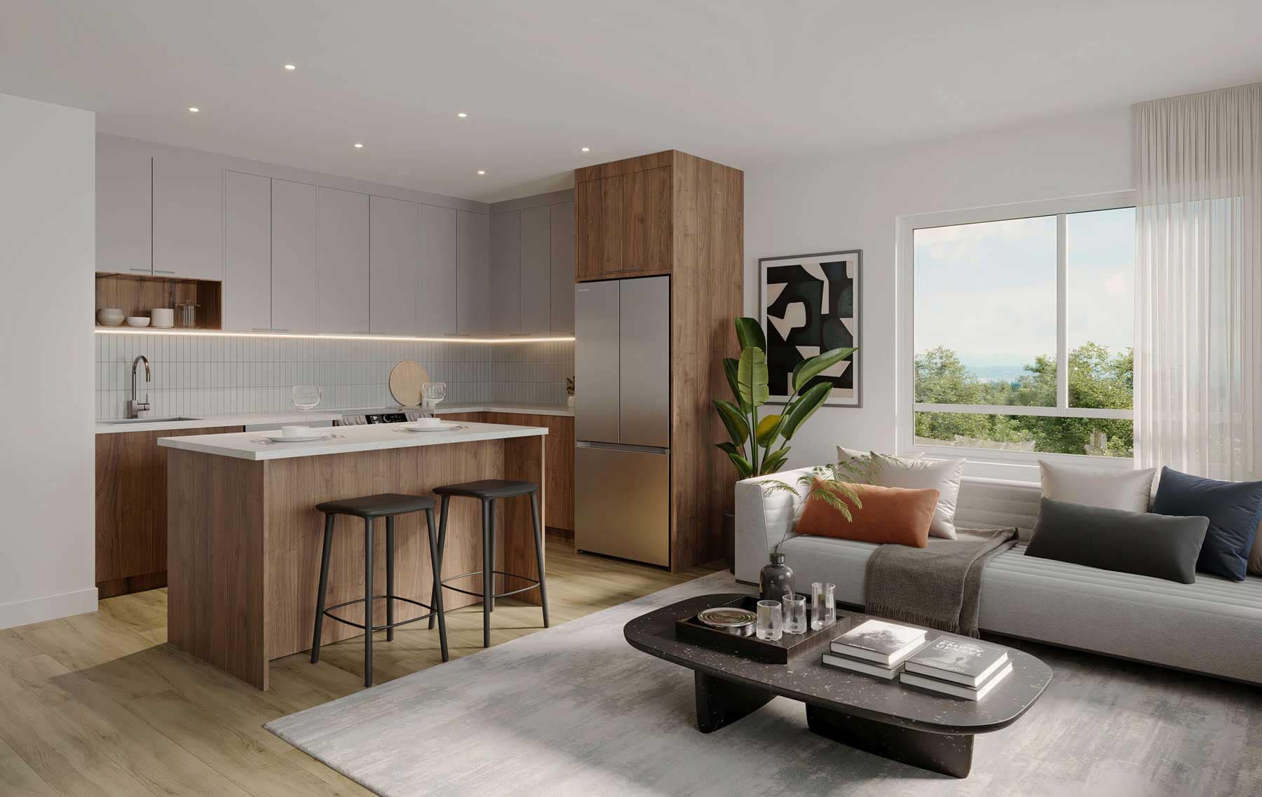 Kitchen interior at Harlowe South Surrey by Genaris Properties featuring darker wood cabinetry, quartz countertops, and contemporary finishes at 16485 18 Avenue.