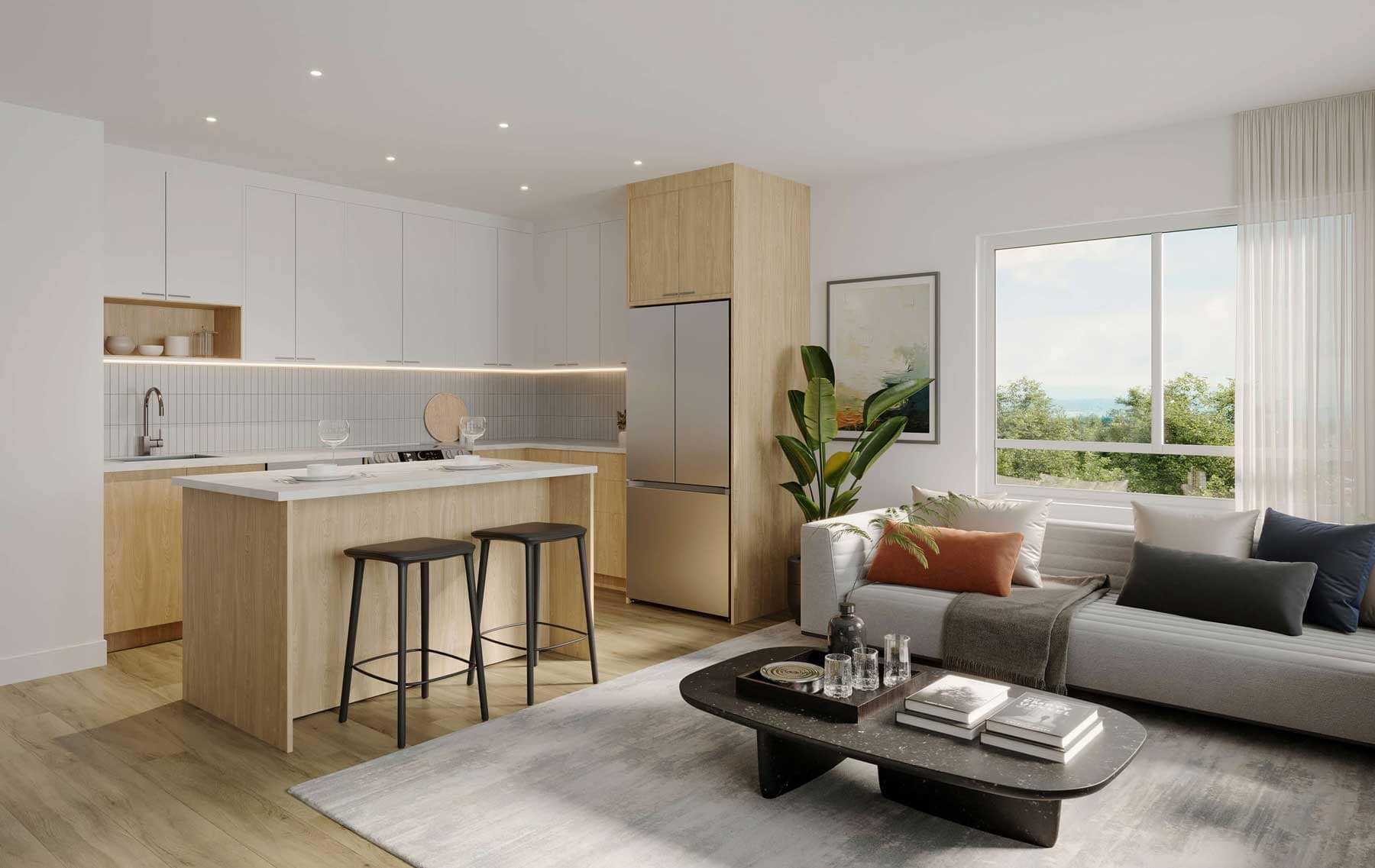 Open-concept living room and kitchen at Harlowe South Surrey by Genaris Properties featuring large windows, modern cabinetry, and bright contemporary interiors.