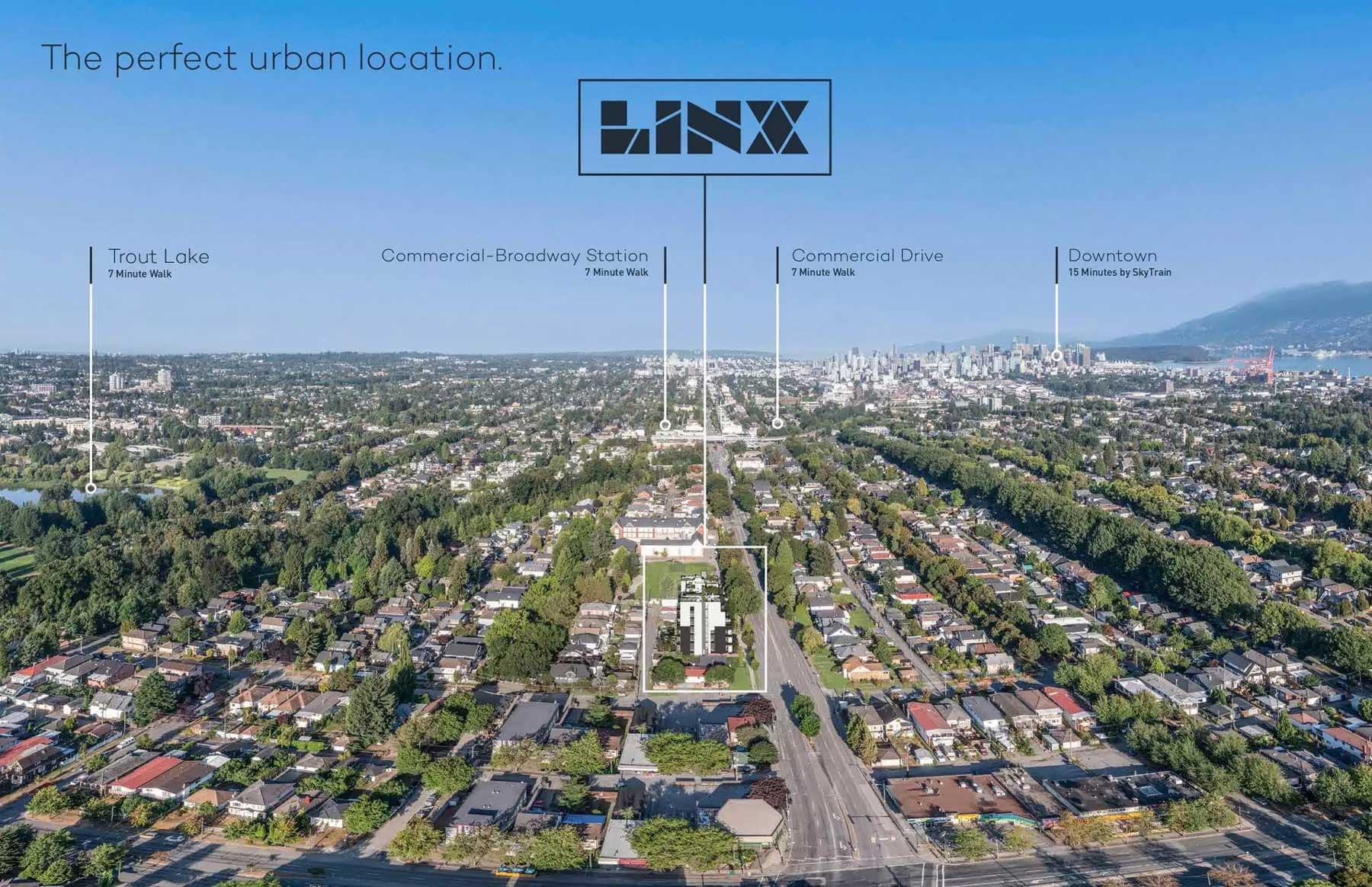 Aerial view of the Linx presale development at 2268 East Broadway in East Vancouver by Lotus Capital and Omicron, highlighting proximity to Commercial-Broadway SkyTrain Station, Trout Lake, Commercial Drive, and Downtown Vancouver.