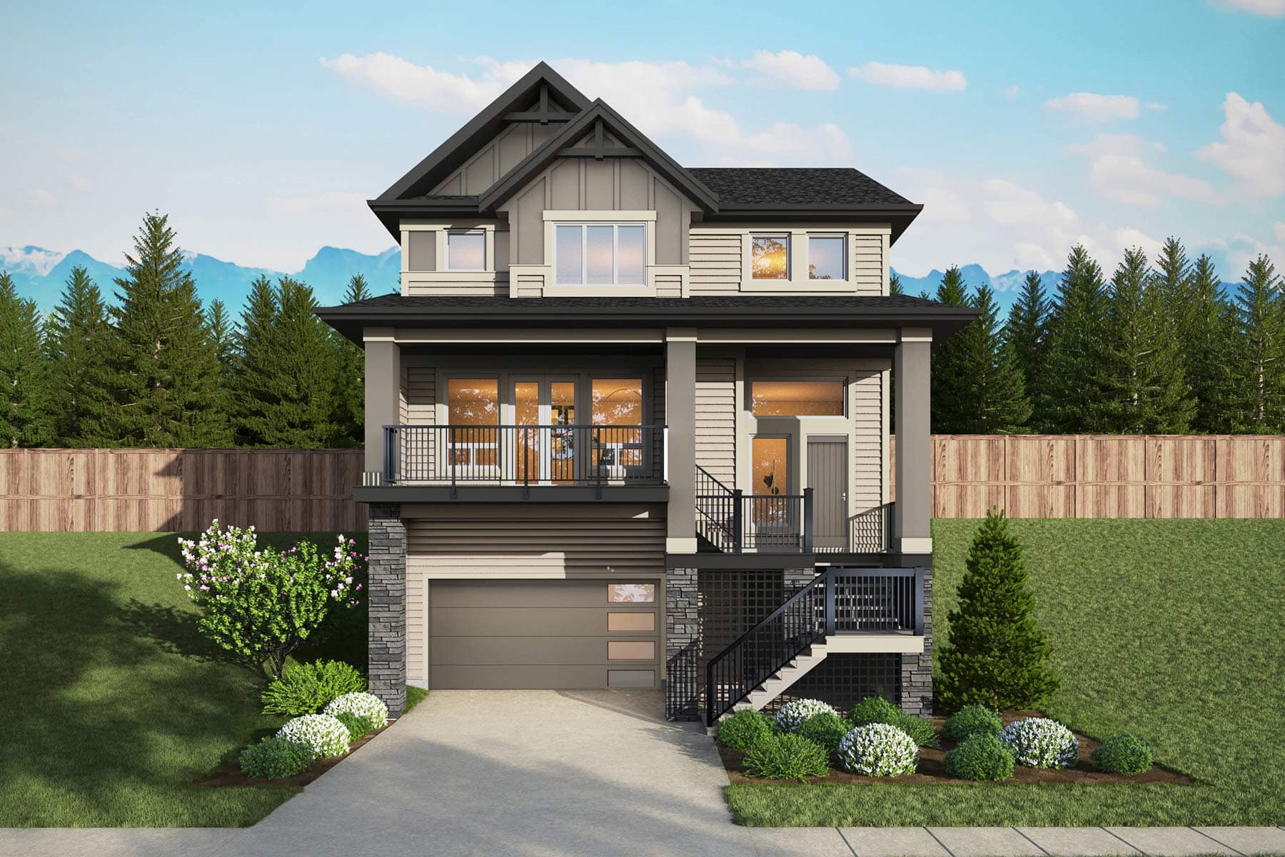 Front exterior of a single-family home at Timber's Edge Burke Mountain in Coquitlam by Foxridge Homes, featuring modern craftsman architecture, covered porch, garage, and landscaped yard with mountain backdrop