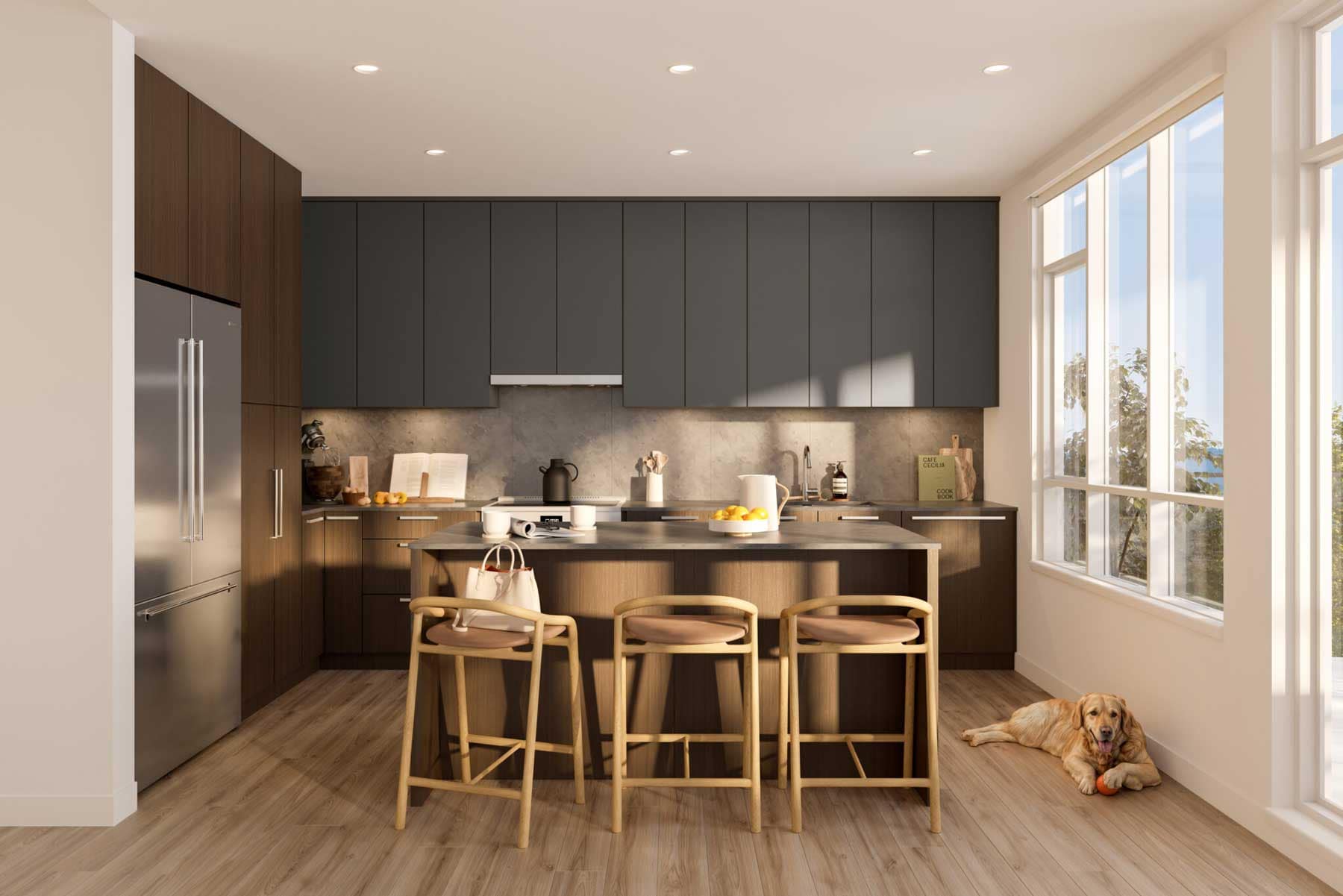 Contemporary kitchen interior at Trailside at Lynn in North Vancouver featuring dark cabinetry, large island, premium appliances, and open living space designed by Mosaic at 2380 Emery Court.