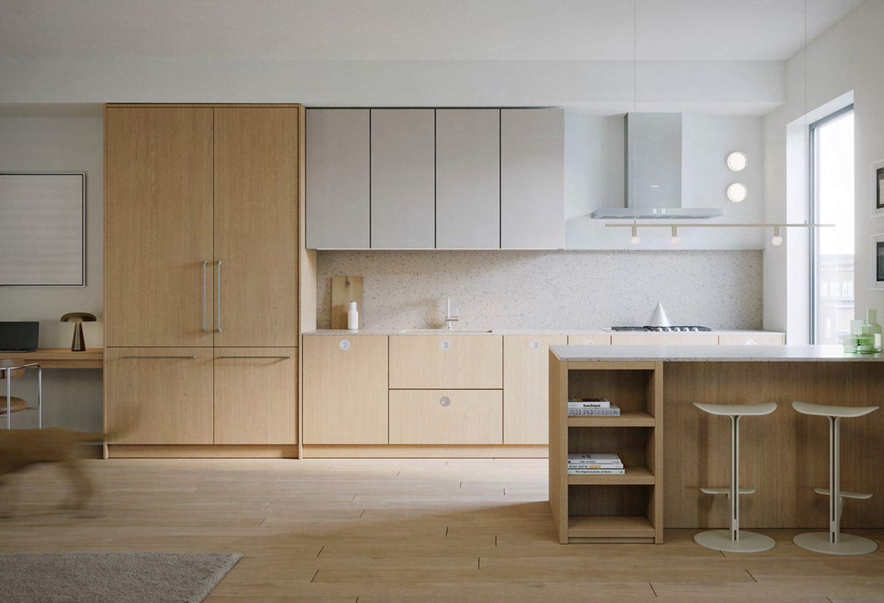 Kitchen interior at Hem Vancouver by Hudson featuring wood cabinetry, island seating, integrated appliances, and clean contemporary finishes at 385 Lakewood Drive