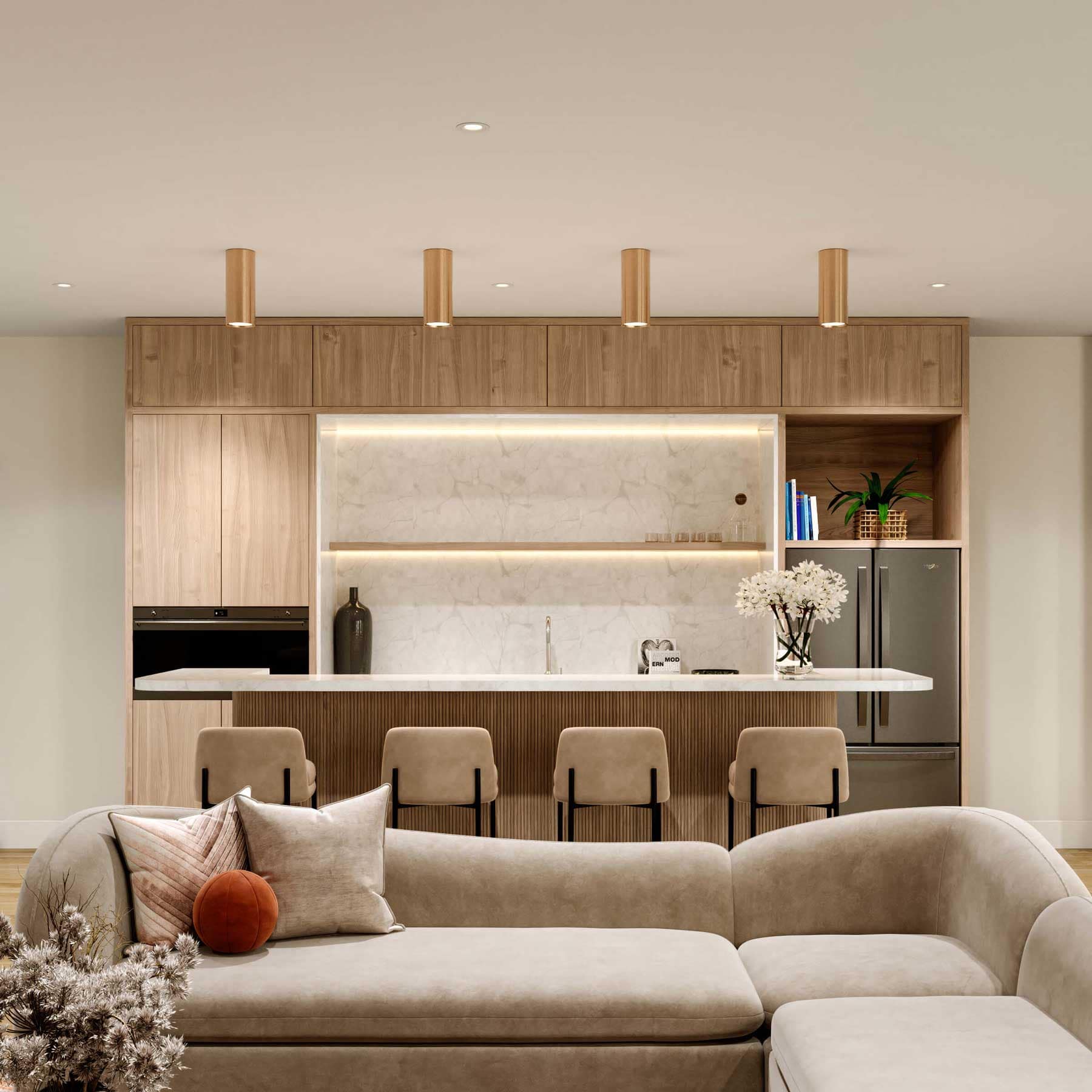 Modern indoor amenity lounge at Harlowe South Surrey by Genaris Properties featuring warm wood finishes, integrated seating, and contemporary design details.