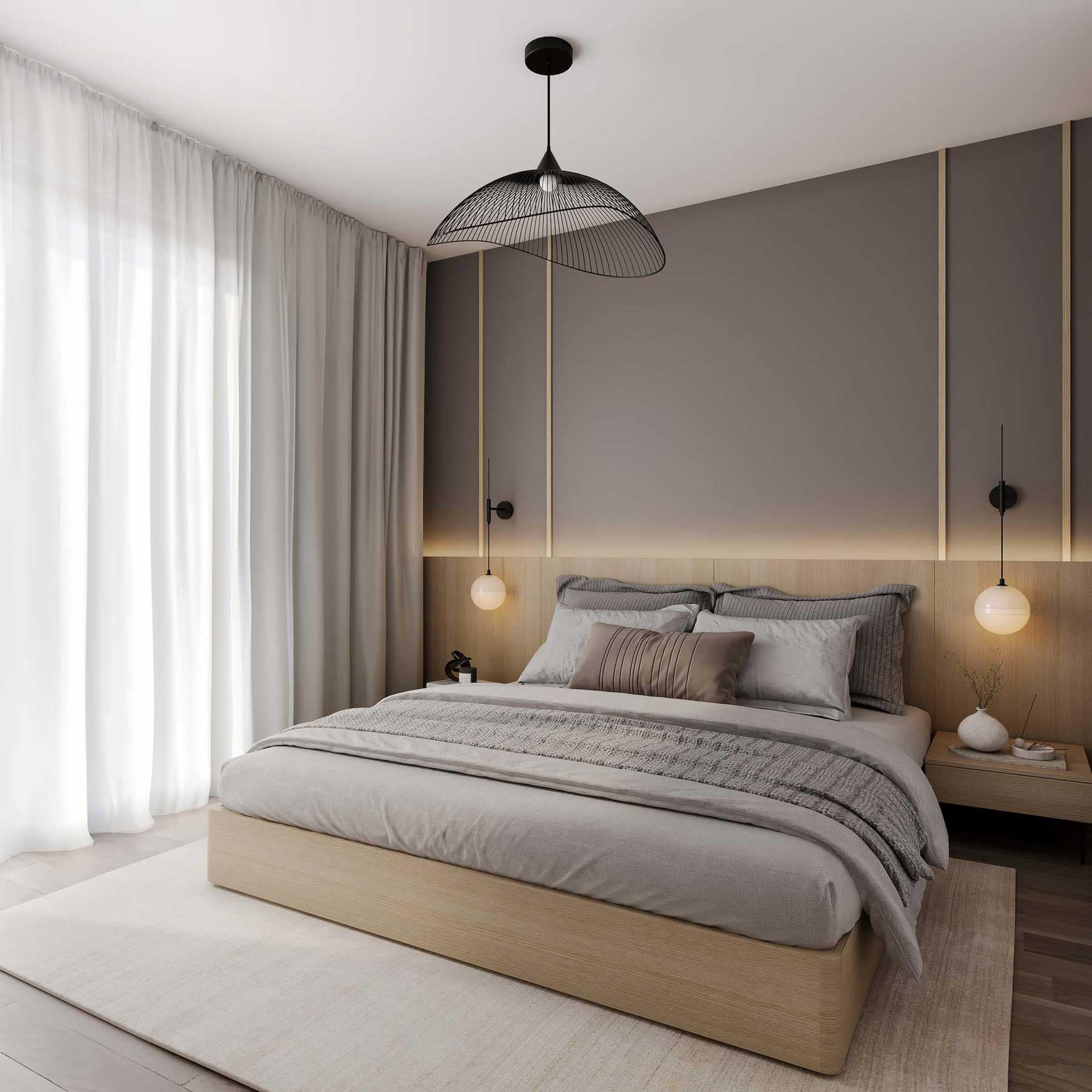 Primary bedroom interior at Harlowe South Surrey by Genaris Properties featuring soft neutral tones, modern lighting, and floor-to-ceiling curtains.