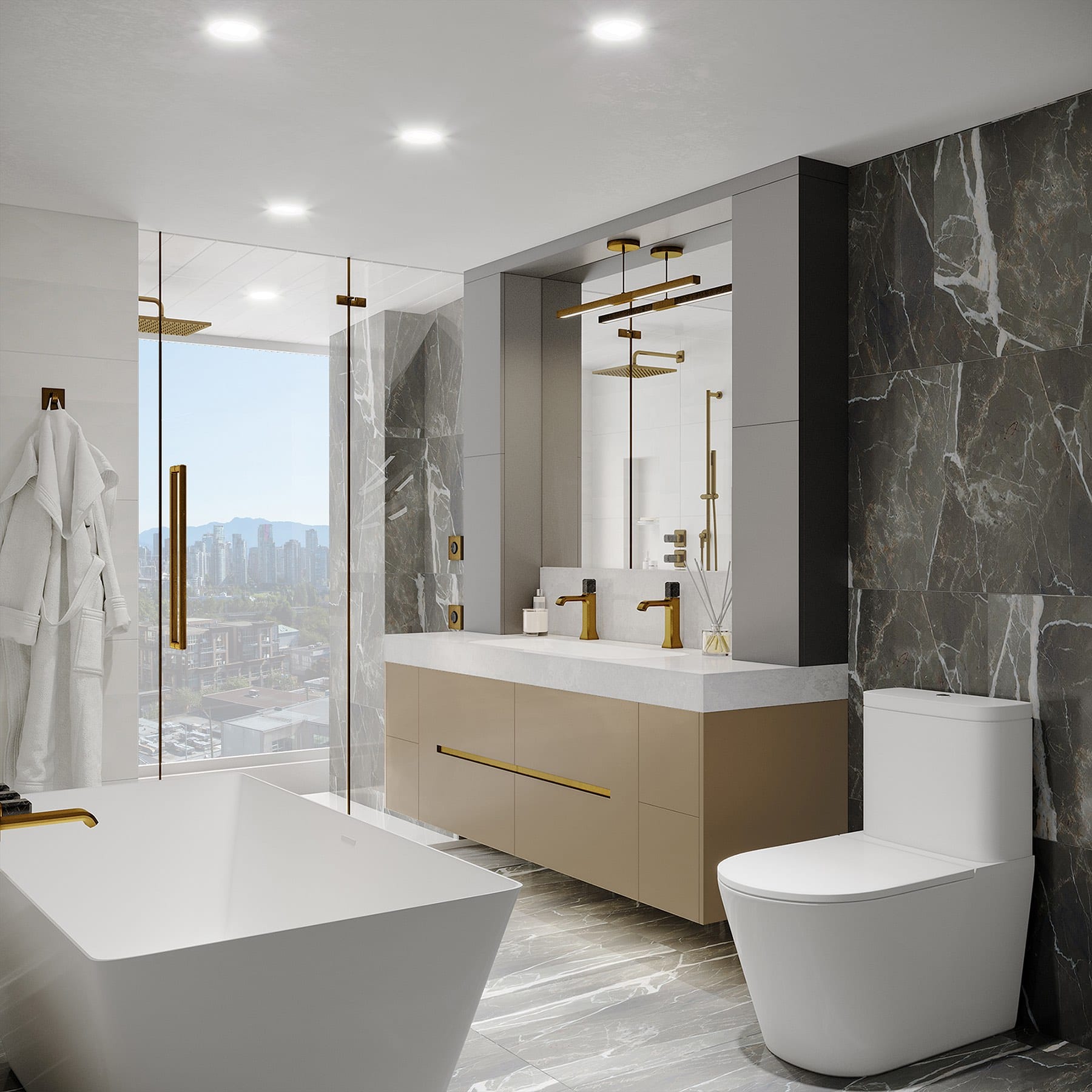 Marble ensuite bathroom with city view and gold accents at Italia by Solterra