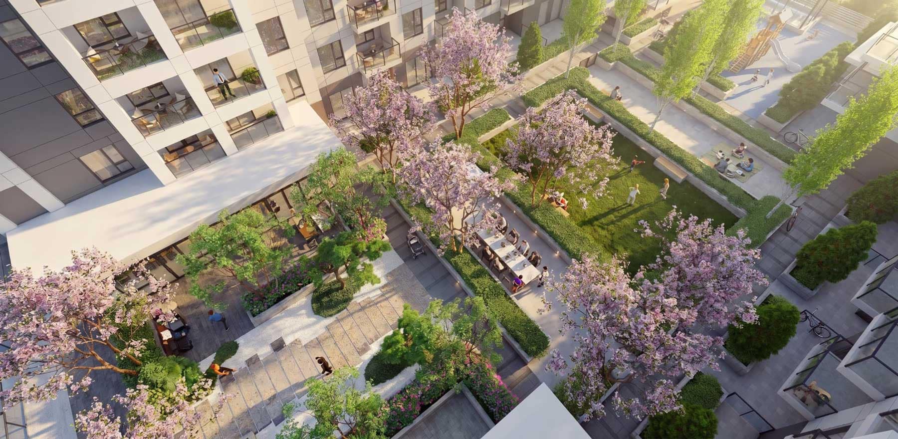 Aerial rendering of the outdoor amenity courtyard at Kamilia Langley by Kingdom Property Investment Ltd. at 20675 Eastleigh Crescent, showcasing landscaped green spaces, cherry blossom trees, seating areas, and modern condo residences.