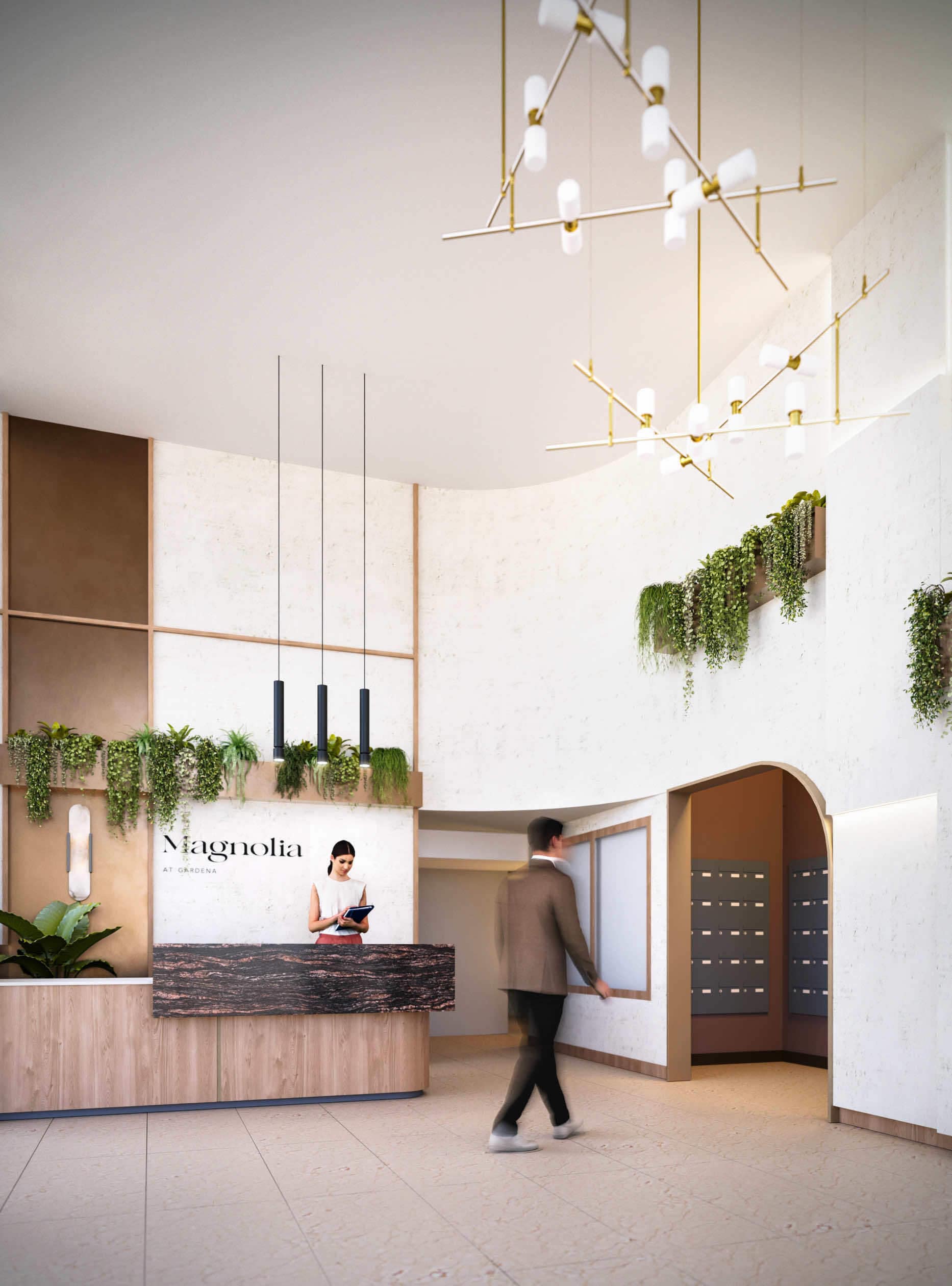 Magnolia building lobby at Gardena Coquitlam by Intracorp at 635 Gardena Drive, showcasing warm wood accents, modern lighting, concierge reception, and curated interior design reflecting upscale living in Burquitlam.