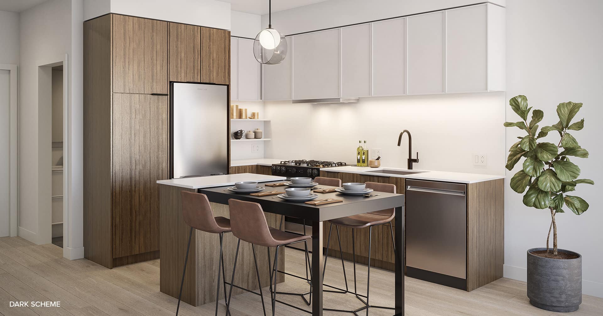Dark colour scheme kitchen interior at Spera presale development in Surreyโs Newton neighbourhood, developed by Peterson Group at 8293 King George Blvd, featuring warm wood-grain tall pantry and lower cabinetry, matte white upper cabinets, stainless steel refrigerator and dishwasher, quartz countertops, gas cooktop, modern black faucet, pendant lighting, and an island dining table setup in an open-concept layout.
