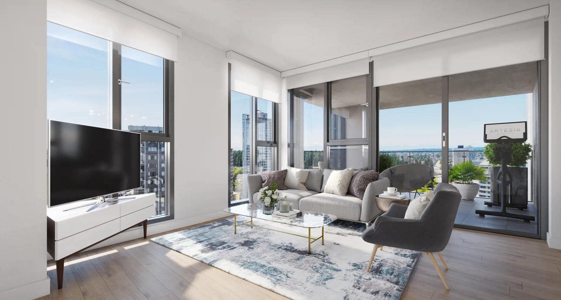Bright living room at Artesia Metrotown condo with floor-to-ceiling windows and city views.