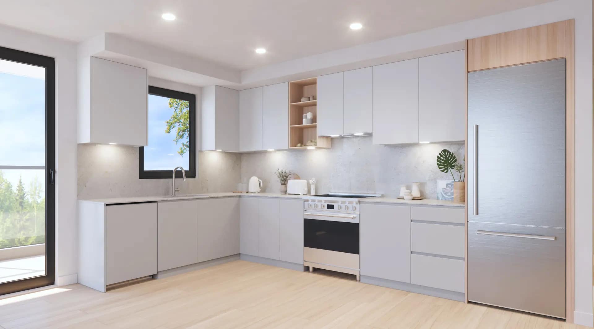 Modern L-shaped kitchen interior at Porthaven Port Coquitlam featuring flat-panel cabinetry, integrated appliances, quartz backsplash, and large windows, developed by Northstar Development at 2272 Leigh Square Place in Central Port Coquitlam.