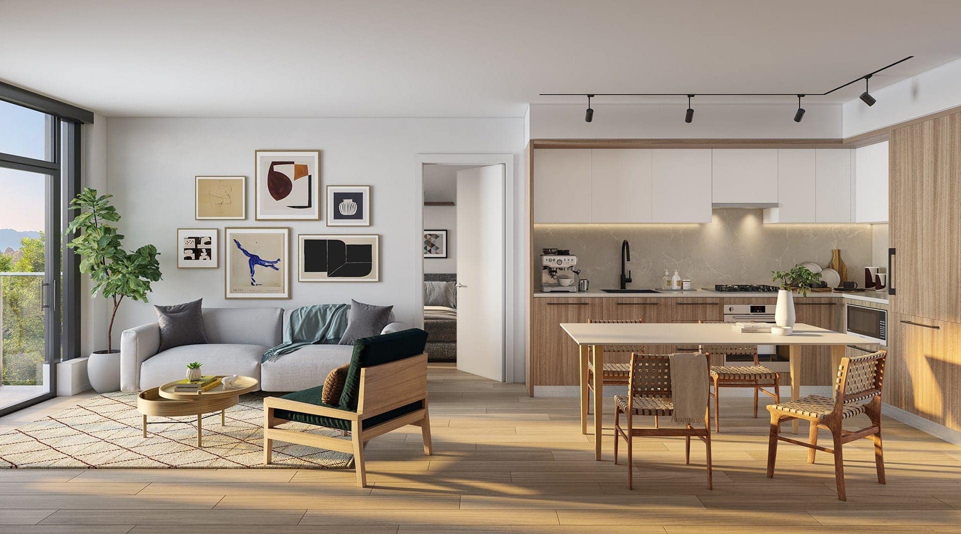 Open-concept living room and kitchen at Frame Vancouver presale in Collingwood showing seamless flow, natural light, and modern finishes at 5189 Earles Street.