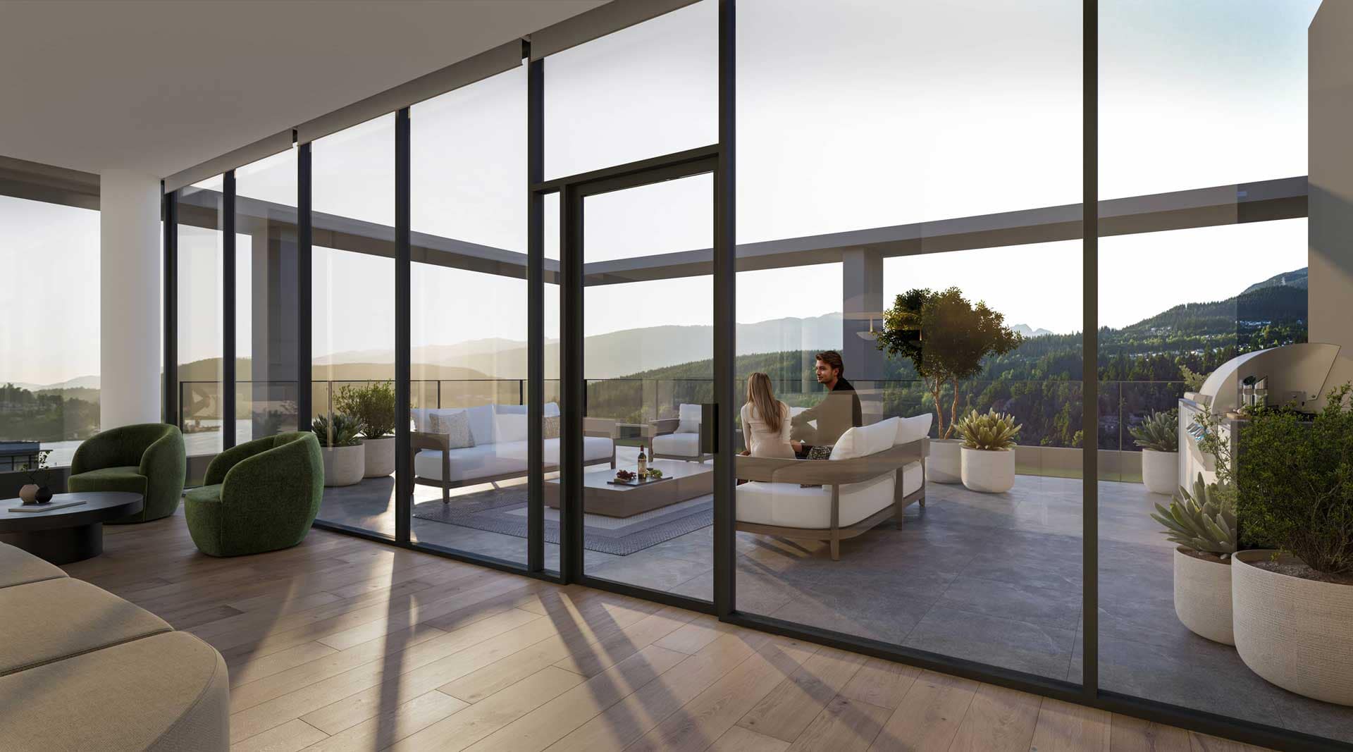 Private rooftop terrace at 1 Market Square Port Moody by Wesgroup at 220 Guildford Drive, featuring outdoor seating, greenery, and panoramic views of Port Moody North Shore mountains and surrounding landscape.