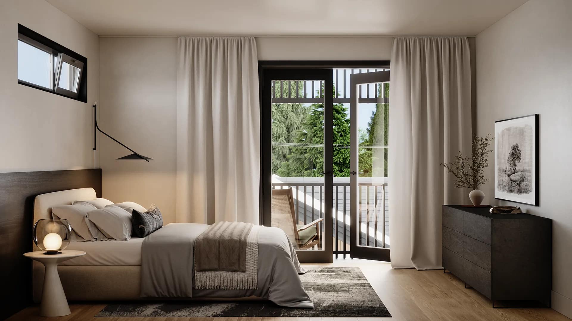 Bedroom interior at Ansoku Vancouver featuring direct balcony access, large windows, contemporary finishes, and modern design by Lightwell Homes at 5032 Granville Street in Vancouver.