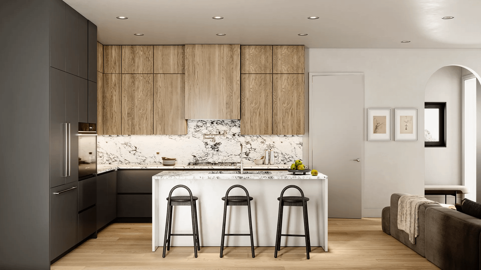 Gourmet kitchen rendering at Ansoku Vancouver with custom cabinetry, waterfall island, premium finishes, and contemporary design by Lightwell Homes in Vancouver's Shaughnessy neighbourhood.