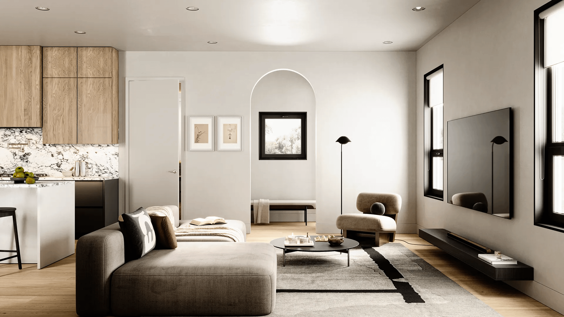Spacious living room at Ansoku Vancouver with designer furnishings, media wall, natural light, and open-concept layout within a new residence by Lightwell Homes at 5032 Granville Street.
