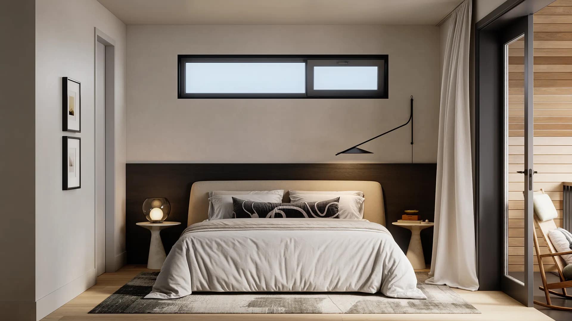 Primary bedroom at Ansoku Vancouver featuring large windows, contemporary finishes, private balcony access, and warm interior design within a new home by Lightwell Homes at 5032 Granville Street.