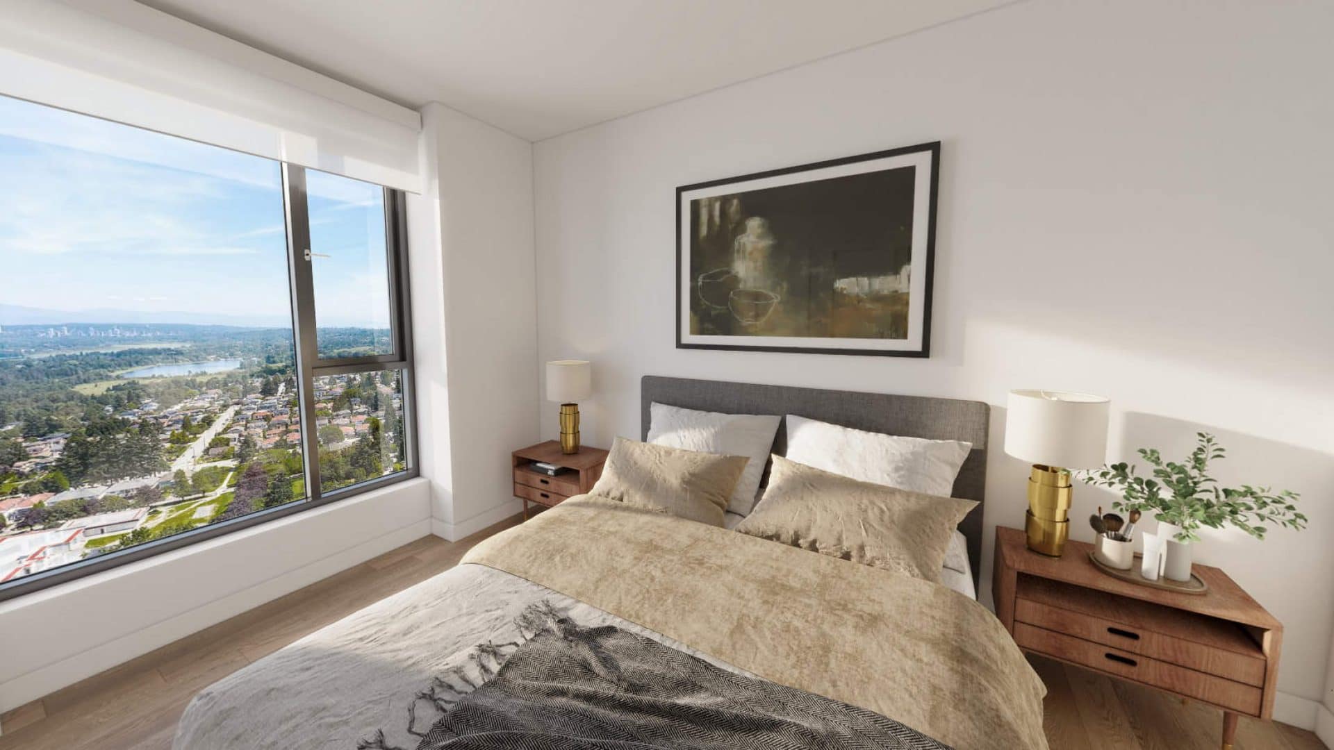 Bedroom with large window overlooking Burnaby cityscape at Artesia Metrotown condos