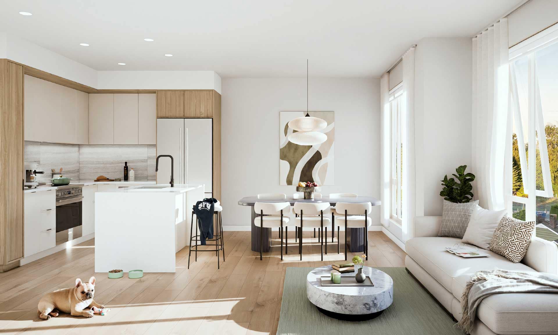 Modern kitchen and dining area at Harriswood Coquitlam by Domus Homes, located at 611 Harrison Avenue, showcasing light wood cabinetry, white island, pendant lighting, and open living space in Coquitlam West