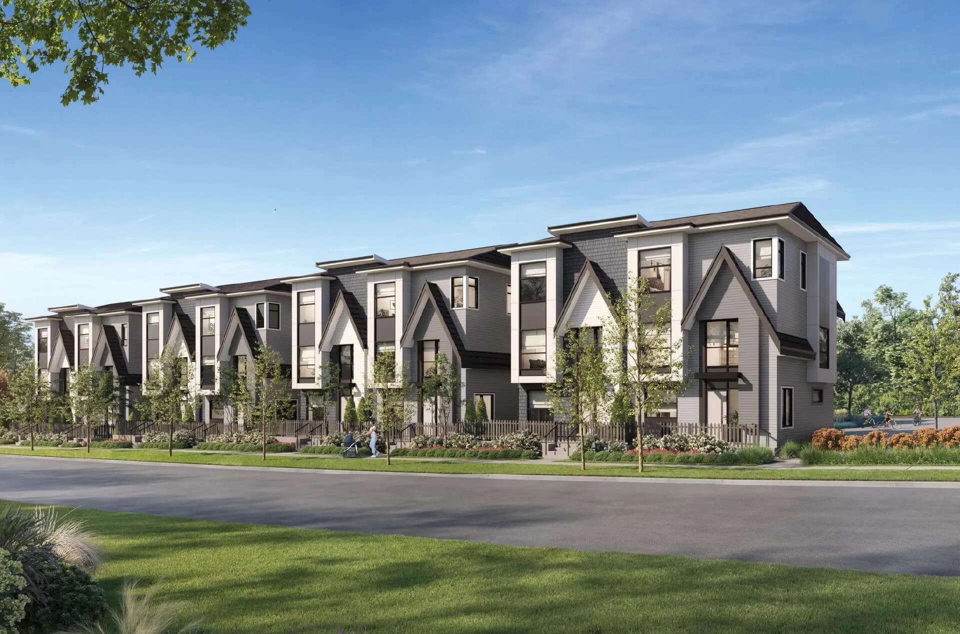 Wide streetscape rendering of Carmel Collection South Surrey, a modern townhome development by Ikonik Homes at 16765 25 Avenue in South Surrey, featuring contemporary three-bedroom townhomes with landscaped walkways, pitched rooflines, and tree-lined frontage.