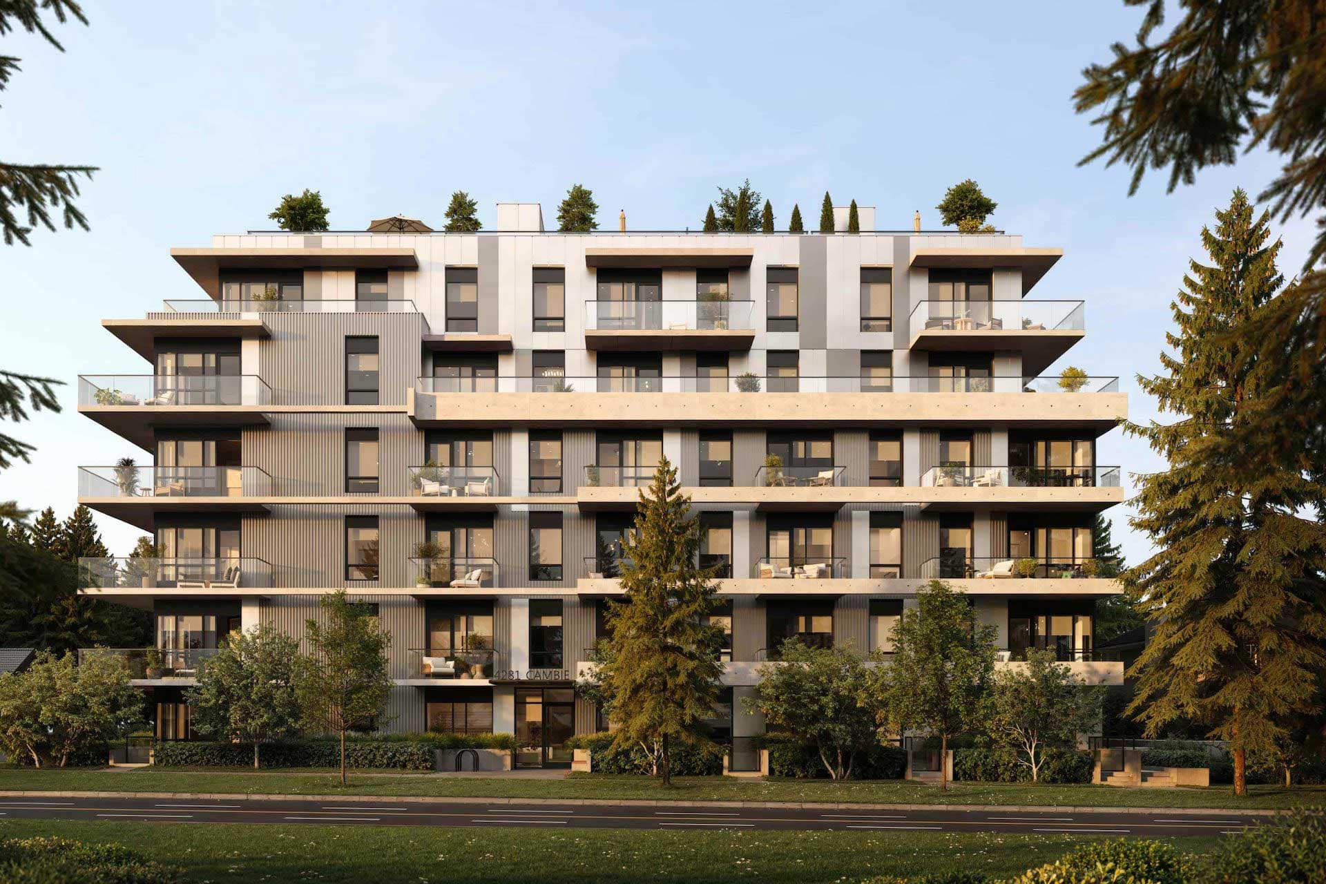 Arden Vancouver concrete homes by Aria Pacific on Cambie Street featuring modern architecture and spacious balconies.