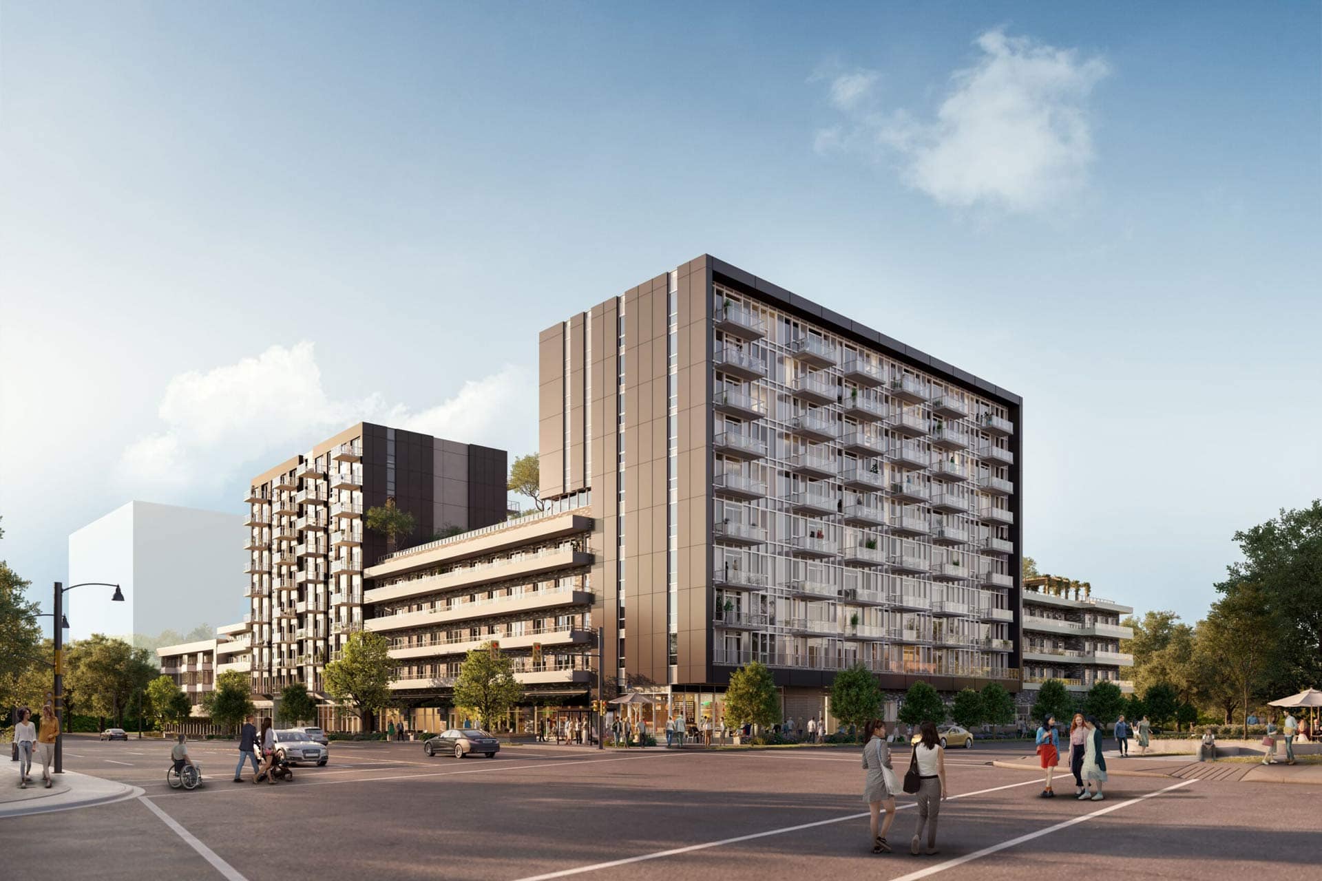 Exterior view of Frame Vancouver presale by Peterson at 5189 Earles Street in Collingwood, showing a modern mid-rise building with clean lines and contemporary faรงade design.