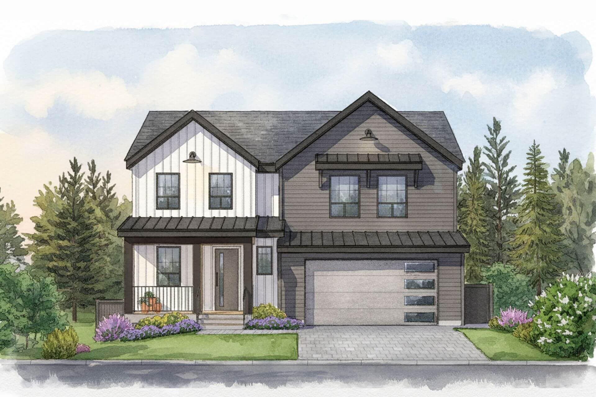 Front exterior elevation of a farmhouse-style home at Haven Maple Ridge by Epic Homes at 11205 250B Street with garage, covered porch, and landscaped yard