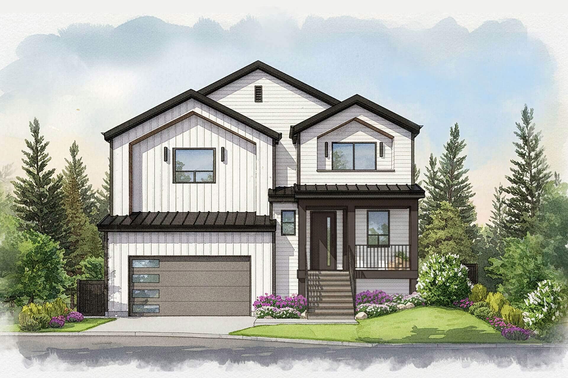 Traditional-style home exterior at Haven Maple Ridge by Epic Homes at 11205 250B Street with front porch, double garage, and landscaped entry