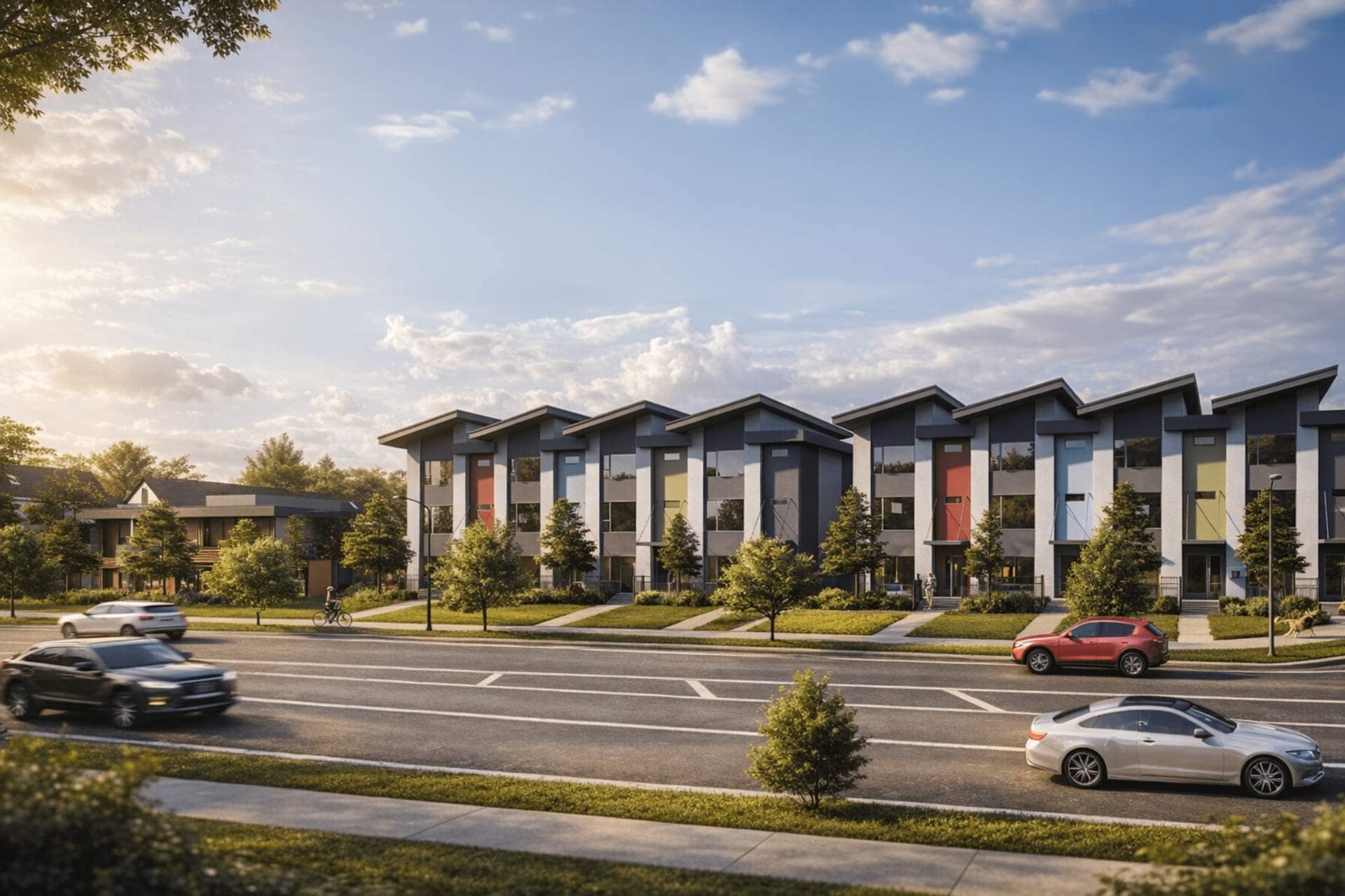Modern row of family-sized townhomes at Queens New Westminster in Queensborough, developed by Gulzar Investments, featuring contemporary architecture, pitched rooflines, colorful entry doors, landscaped front yards, and a quiet residential streetscape with passing vehicles and pedestrian pathways.