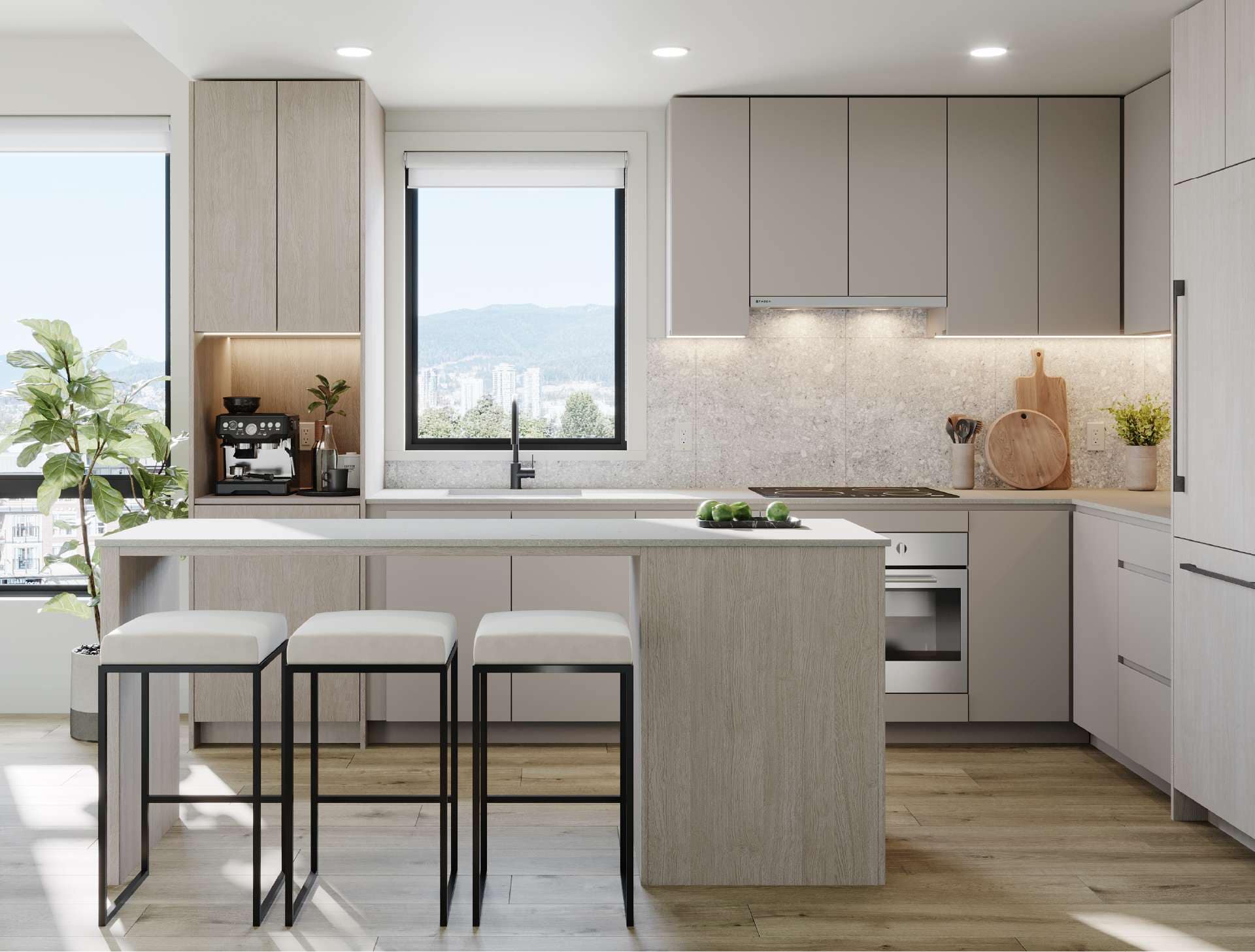 Alternate Livy Port Coquitlam kitchen layout with island seating and integrated appliances at 2245 McAllister Avenue