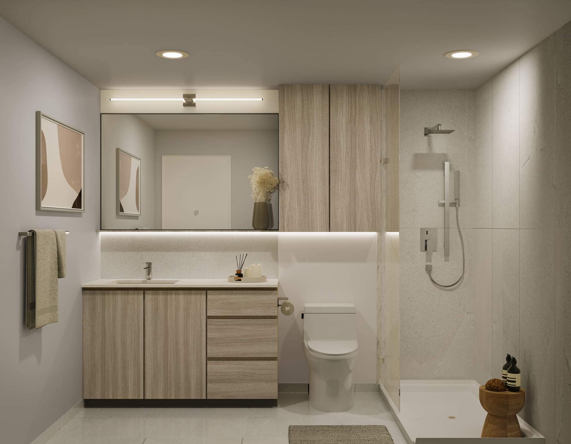 Modern bathroom at Queens New Westminster by Gulzar Investments featuring a wood vanity, large mirror with integrated lighting, walk-in glass shower, and clean contemporary finishes in a neutral palette.