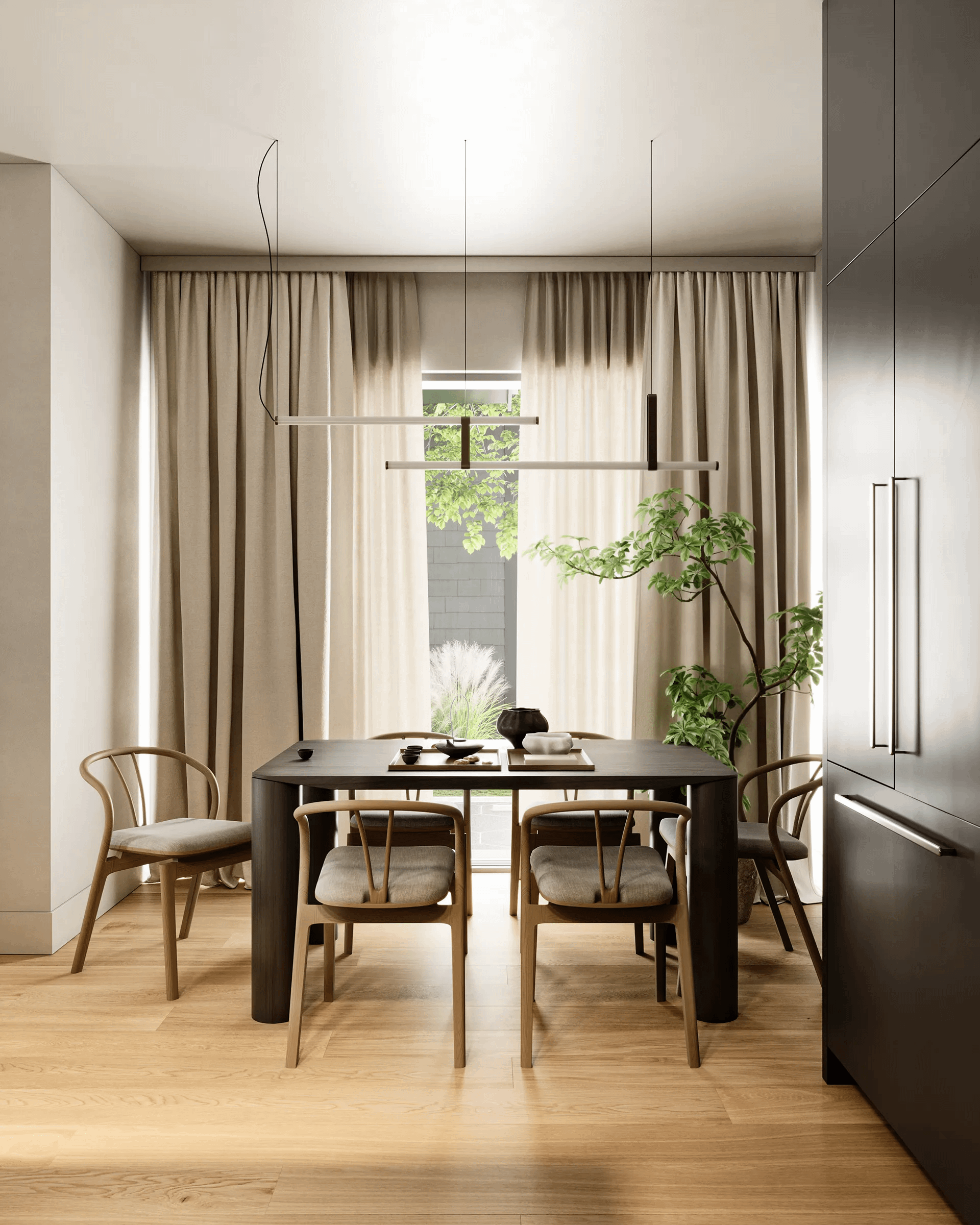 Bright dining area at Ansoku Vancouver featuring large windows, elegant lighting, contemporary furnishings, and seamless integration with the home's open living spaces by Lightwell Homes.