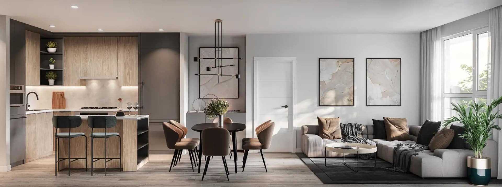Open-concept living and dining interior at Linx East Vancouver featuring contemporary finishes, large windows, modern lighting, and a designer kitchen by Lotus Capital and Omicron at 2268 East Broadway.